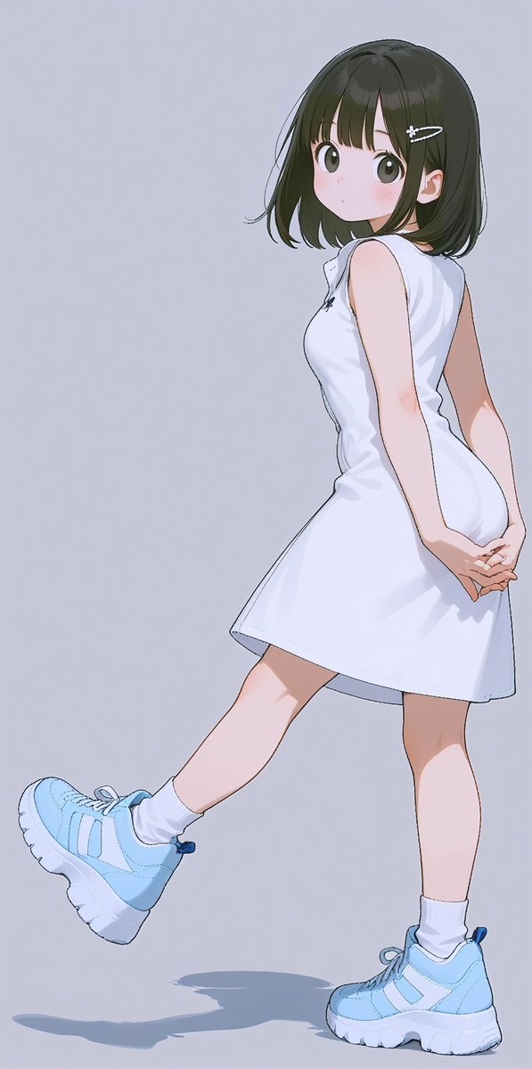 少女は白いドレスと青いスニーカーを着ています