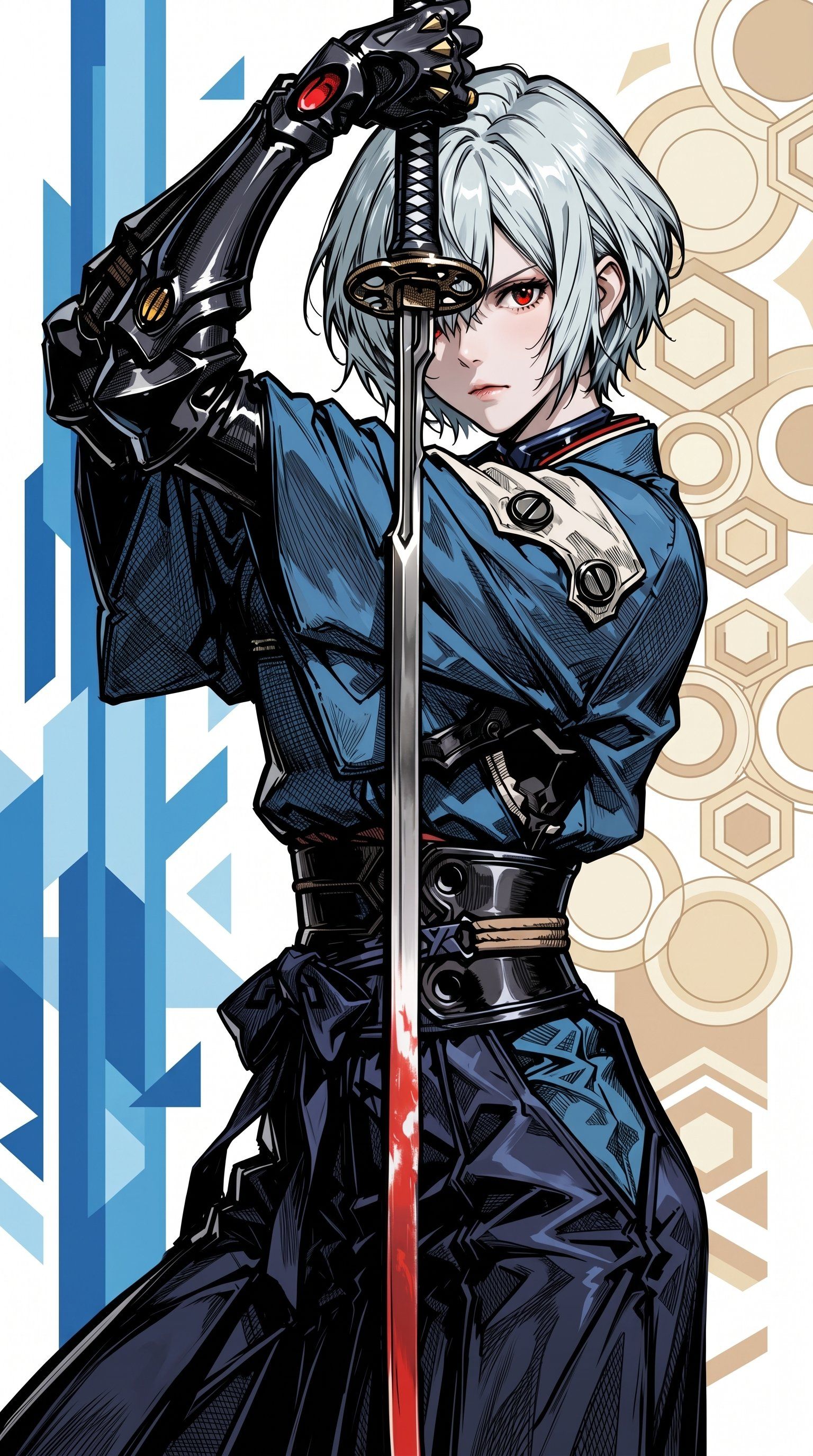 Personaje de cabello plateado levanta espada samurái ensangrentada con brazo mecánico