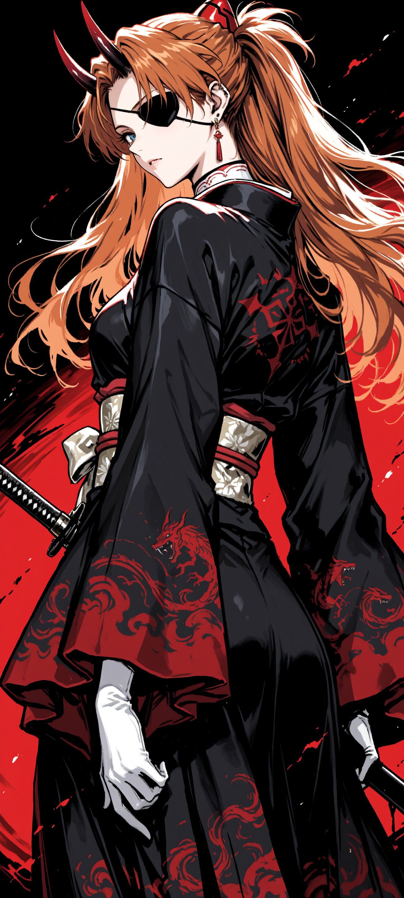 Mädchen mit orangem hohem Pferdeschwanz trägt rot-schwarzen Drachenkimono mit Samuraischwert am Gürtel