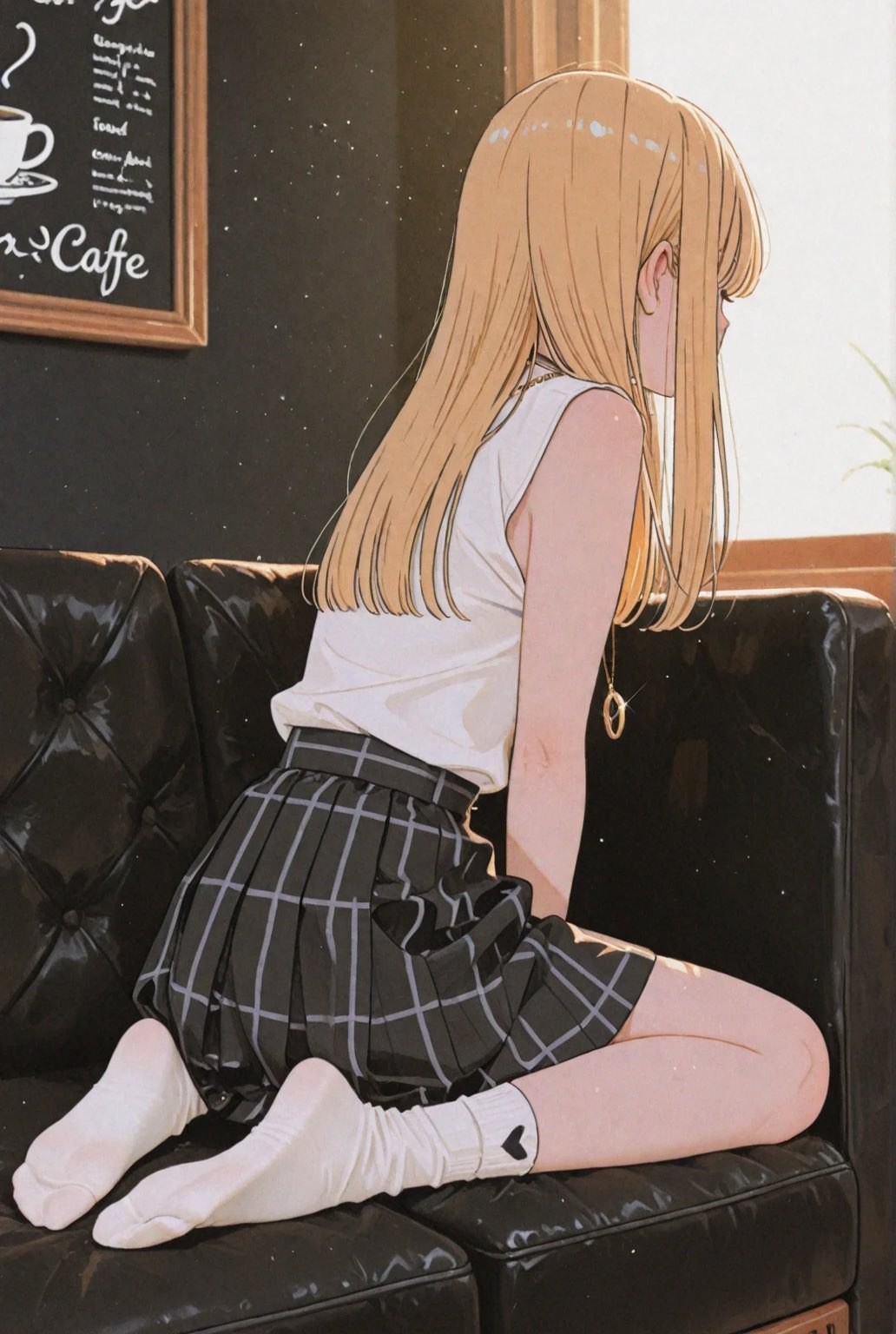 Ein blondes Mädchen in einem weißen Oberteil und einem schwarz-weiß karierten Rock, mit einer warmen und gemütlichen Atmosphäre.