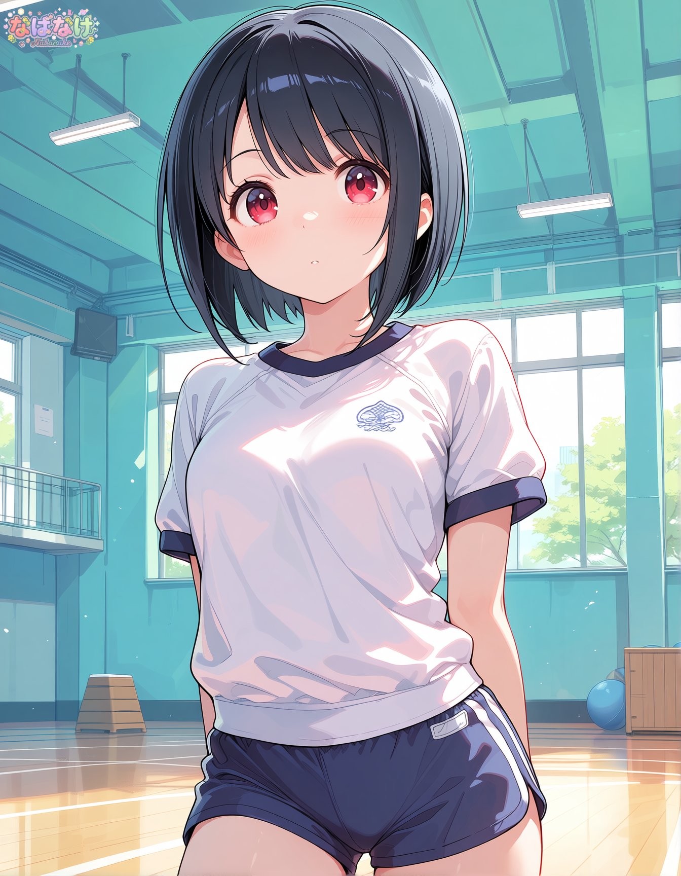 A girl in a Japanese school gym uniform with short black hair and bangs, large red eyes, surprised expression