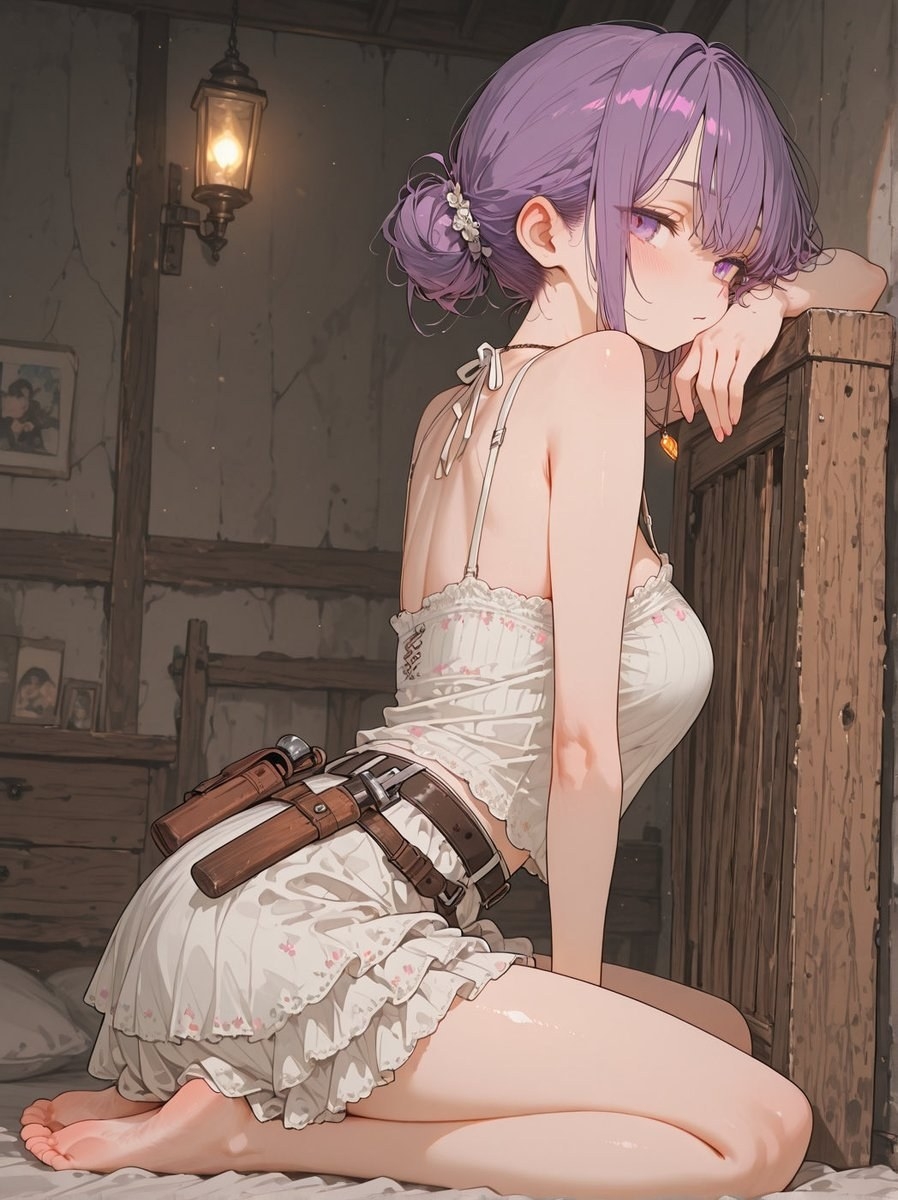 A girl with purple hair sits sideways on a wooden bed wearing a white floral dress
