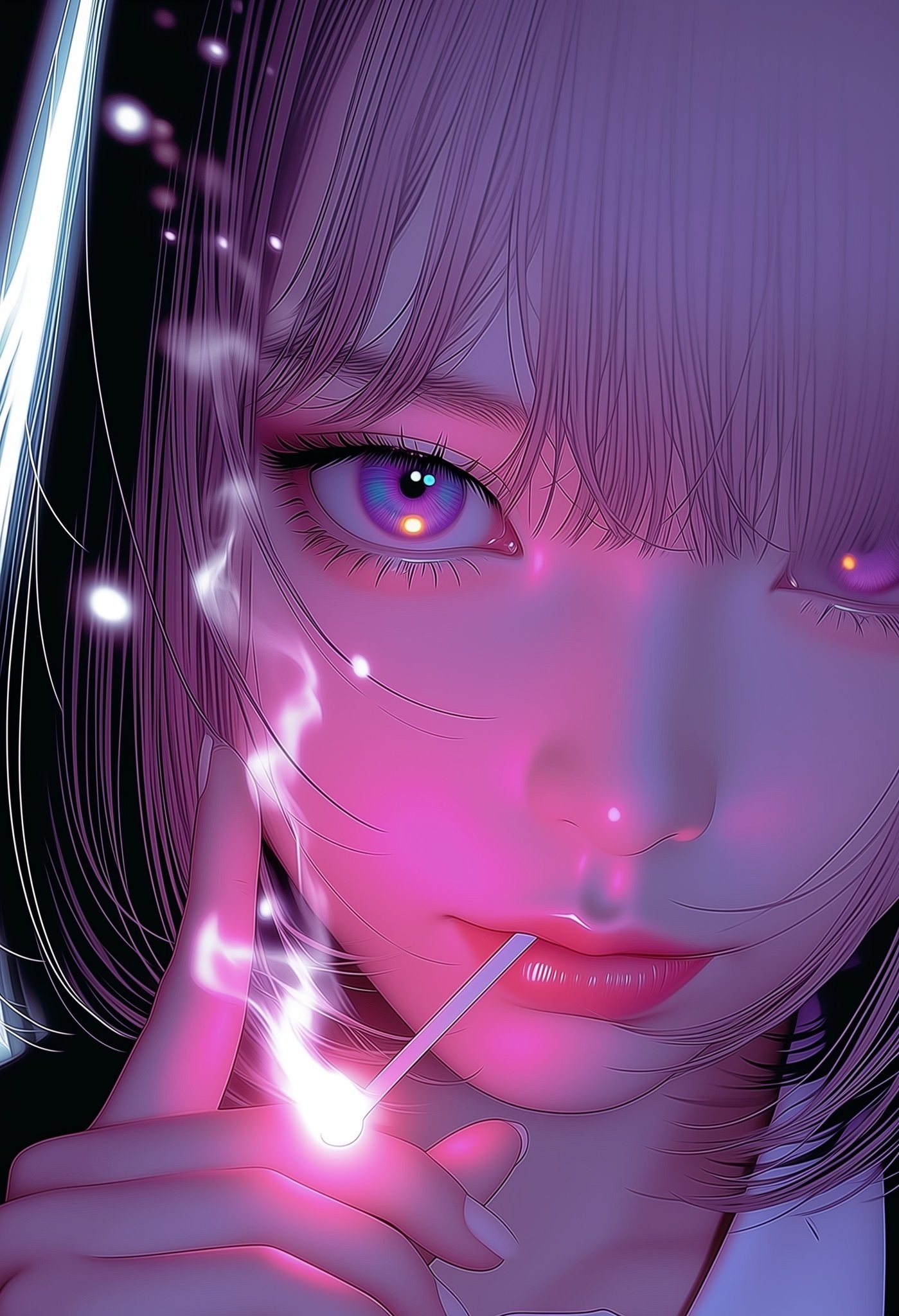 Portrait d'une fille aux cheveux violets, yeux violets captivants et une pipe blanche