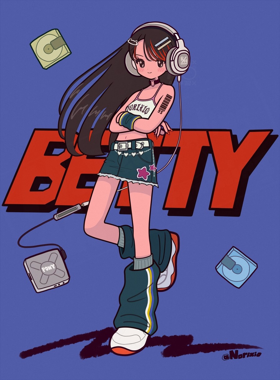 Fille de style anime portant un débardeur blanc avec des lettres et une minijupe en jean, des écouteurs argentés dans une illustration de style de rue.