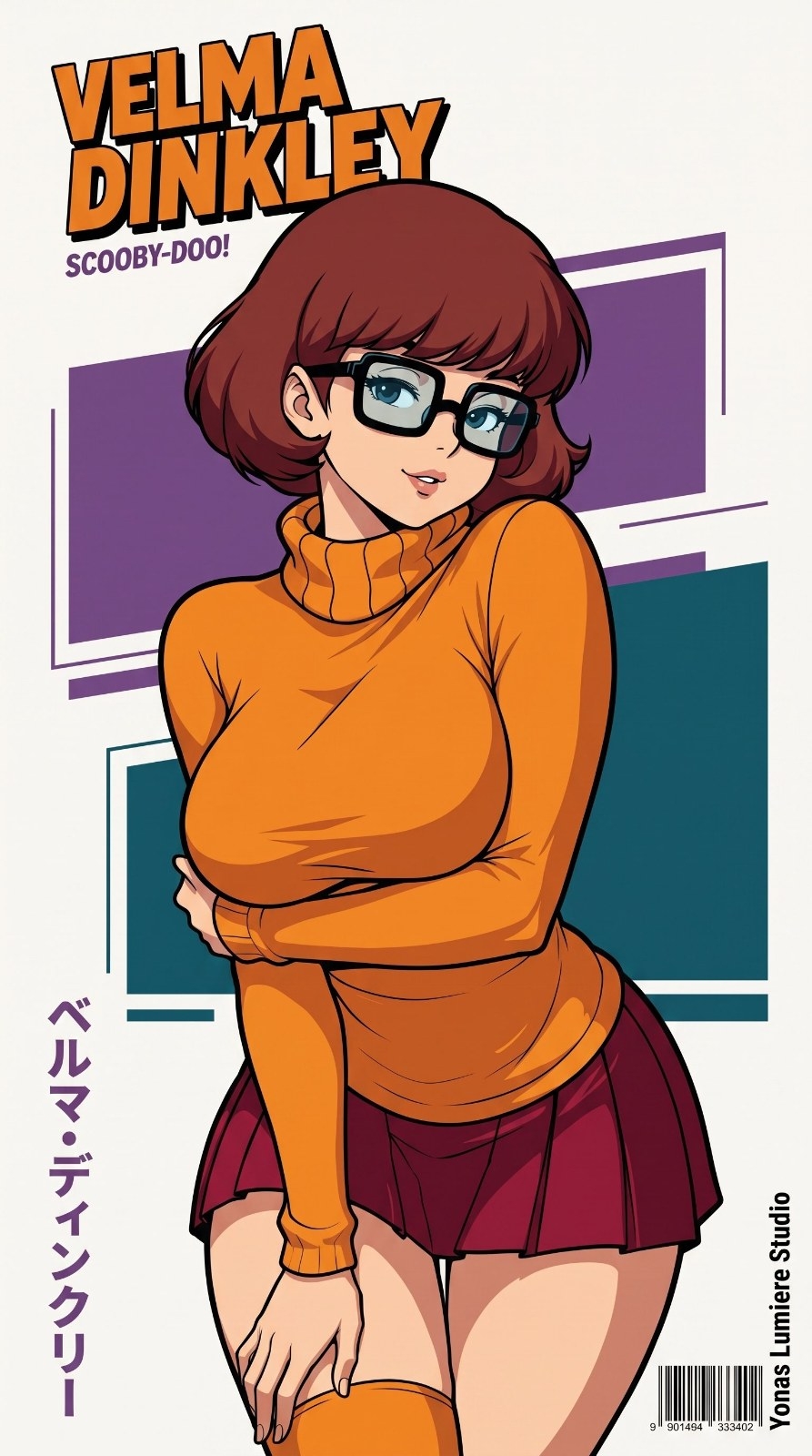 Eine weibliche Figur im amerikanischen Comic-Stil mit schwarzem Brillengestell, einem orangefarbenen Rollkragenpullover und einem burgunderfarbenen Faltenrock