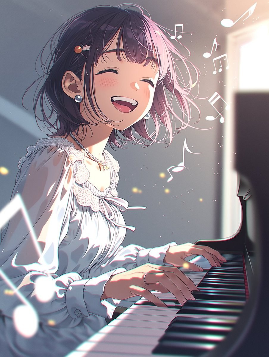 Una chica de cabello corto toca el piano con alegría