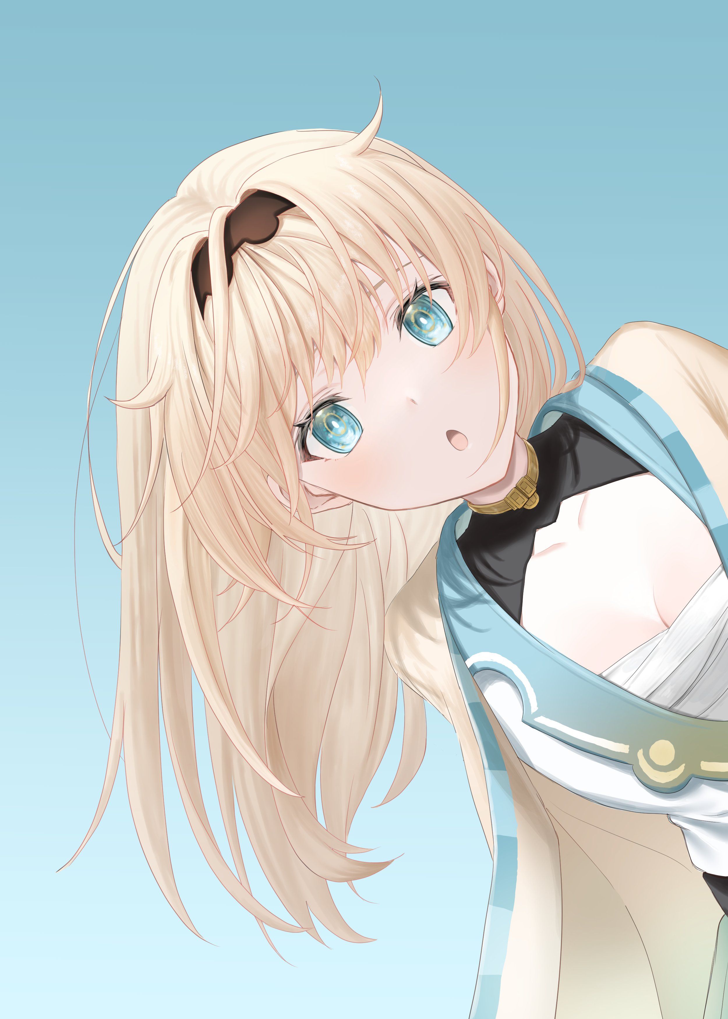 A blonde girl wears a black turtleneck and a light blue sailor collar coat