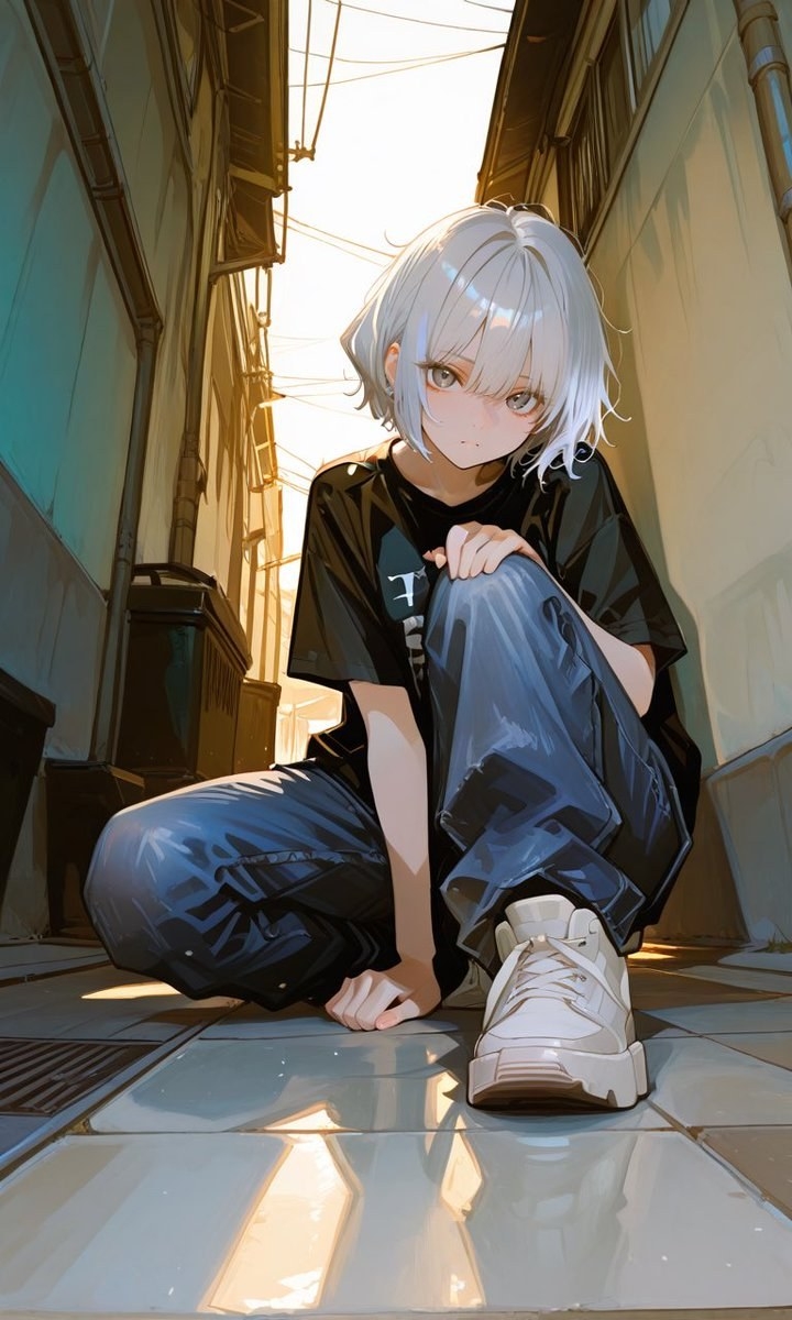 Un personaje de anime con cabello plateado en un callejón estrecho vistiendo una camiseta negra y jeans azules