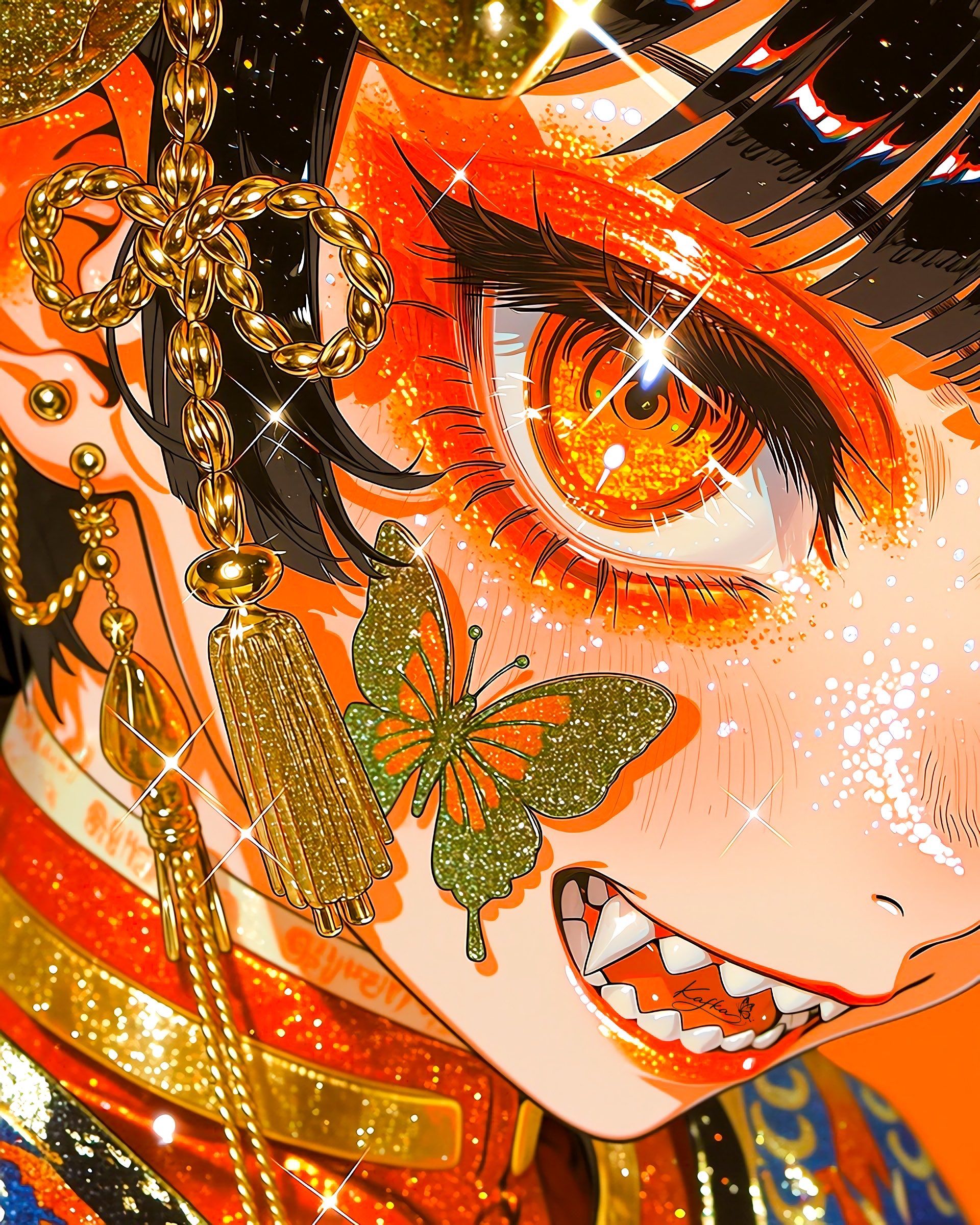 黑发少女特写，橙金色眼瞳，华丽装饰展现热情魅惑