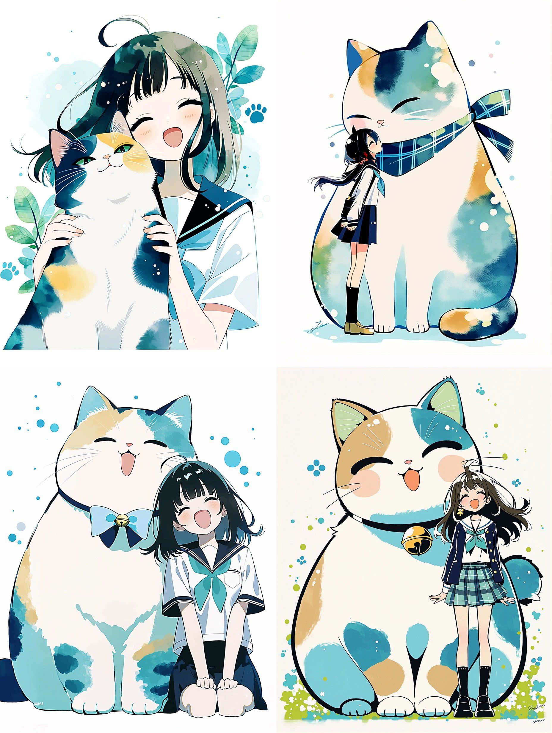 L'illustration en quatre cases aquarelles dépeint une scène onirique de filles et d'un énorme chat calico