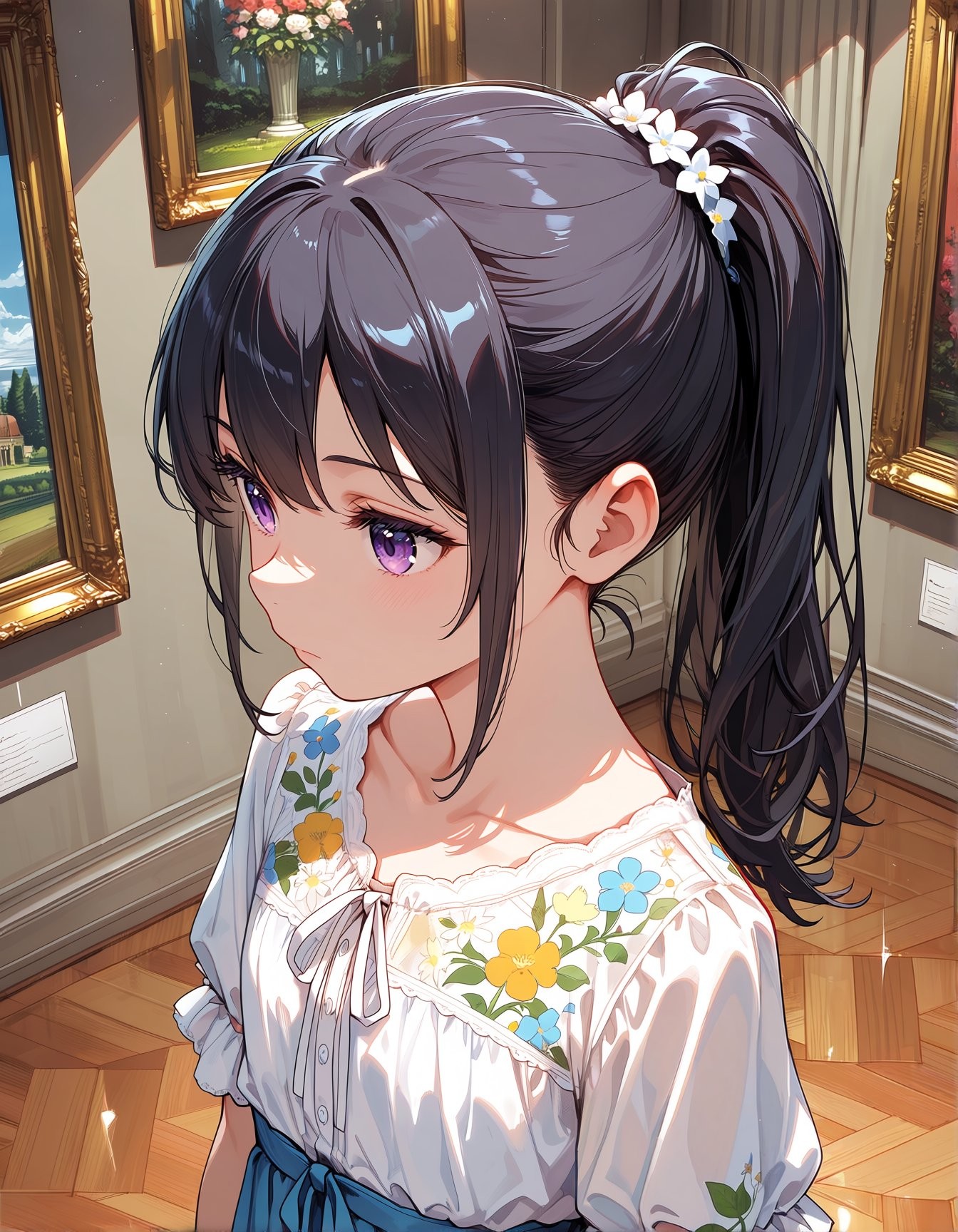 A woman with dark purple-black hair in a high ponytail decorated with small white flowers and purple eyes stands in an elegant art gallery