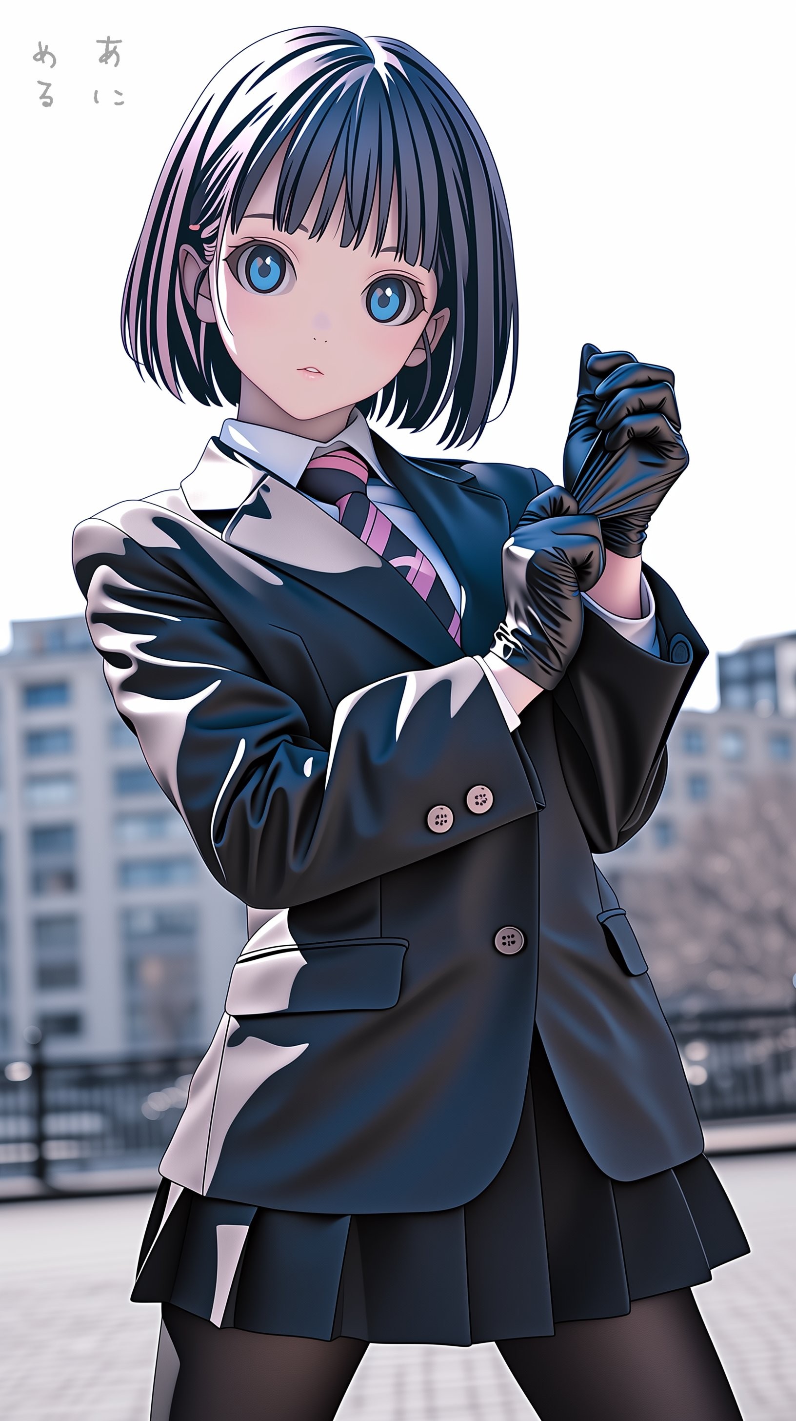 ショートヘアの少女がダークスーツに白シャツとストライプネクタイを合わせプリーツスカートと黒ストッキングを着用している