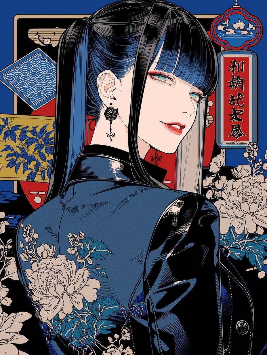 女孩穿著黑藍色頭髮的藍色皮革套裝，發色為雙色調，雙馬尾，回過頭看。