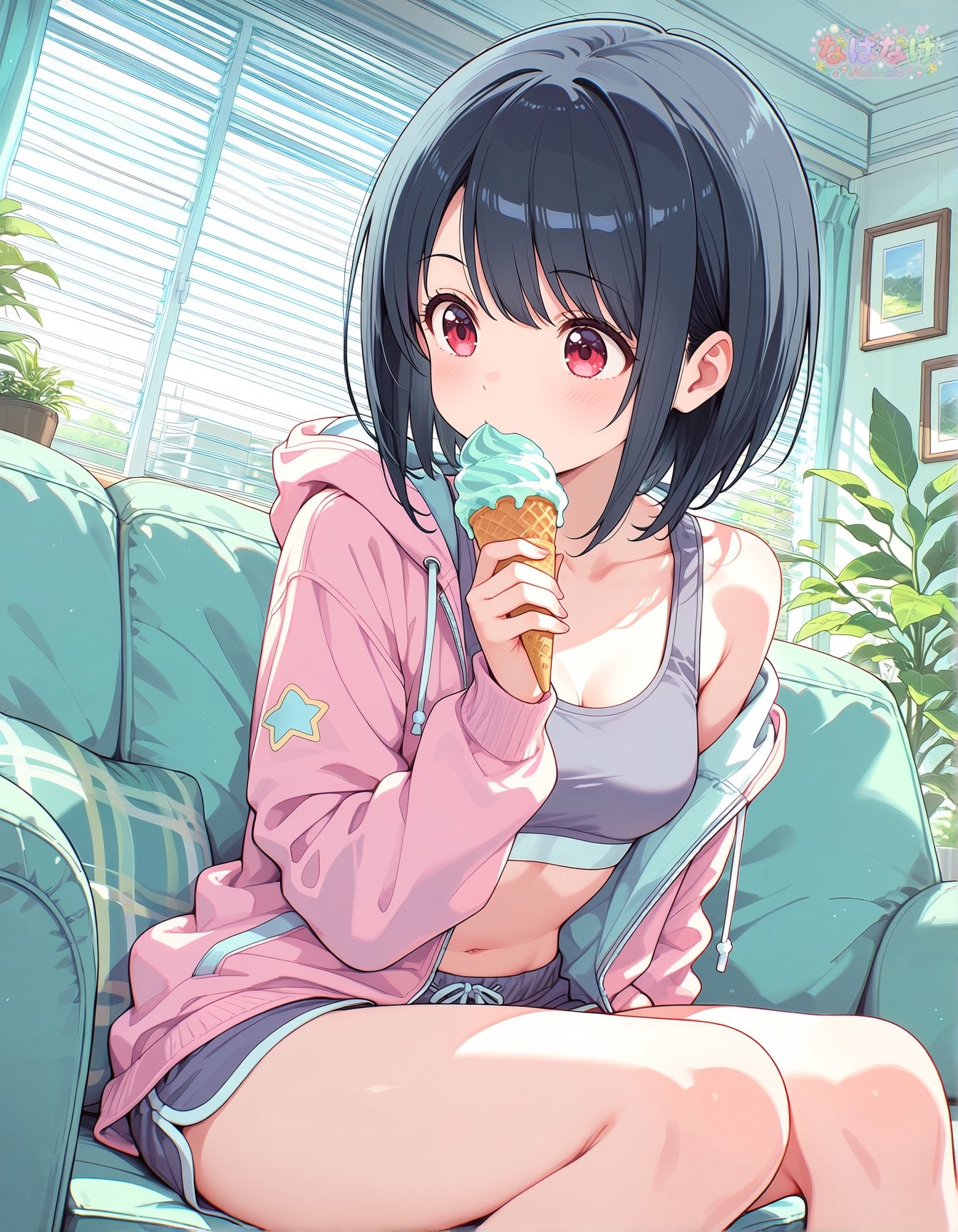 A cute anime-style character sits on the couch wearing a pink hoodie and purple shorts holding a mint-green ice cream