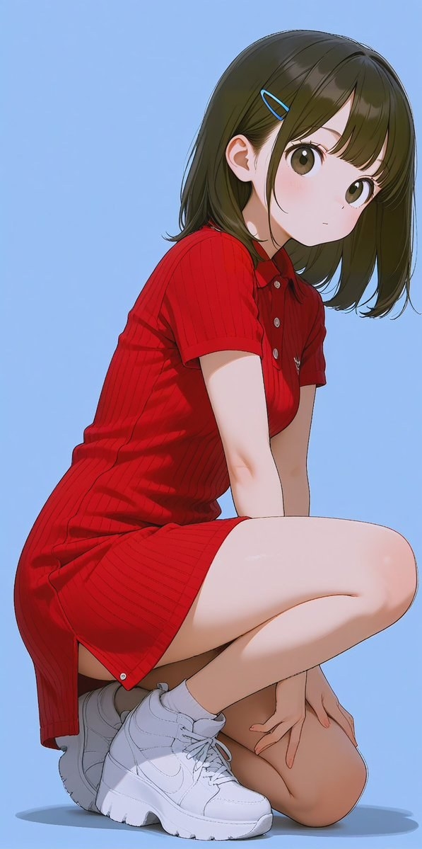 少女穿着红色连衣裙和白色运动鞋