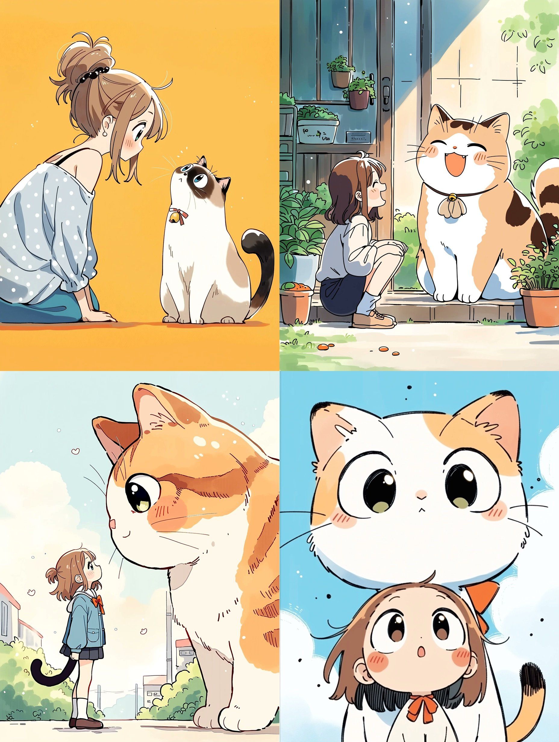 Four warm illustrations depict daily interactions between people and cats