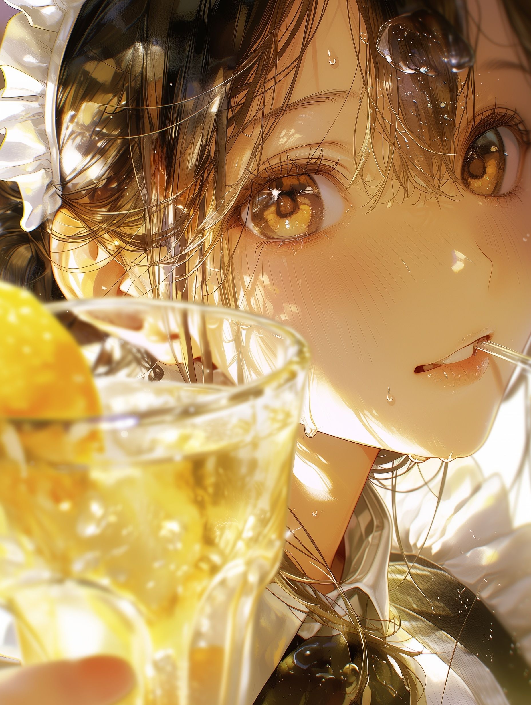 Mädchen, das Limonade in einem klaren Glas trinkt, schönes Glas, Nahaufnahme des schrägen Gesichts, leicht schwitzend, ausgestellter Rock, Hochsteckfrisur, Transparenz, lose Haare, die im Licht glänzen, detaillierte und schöne Beschreibung