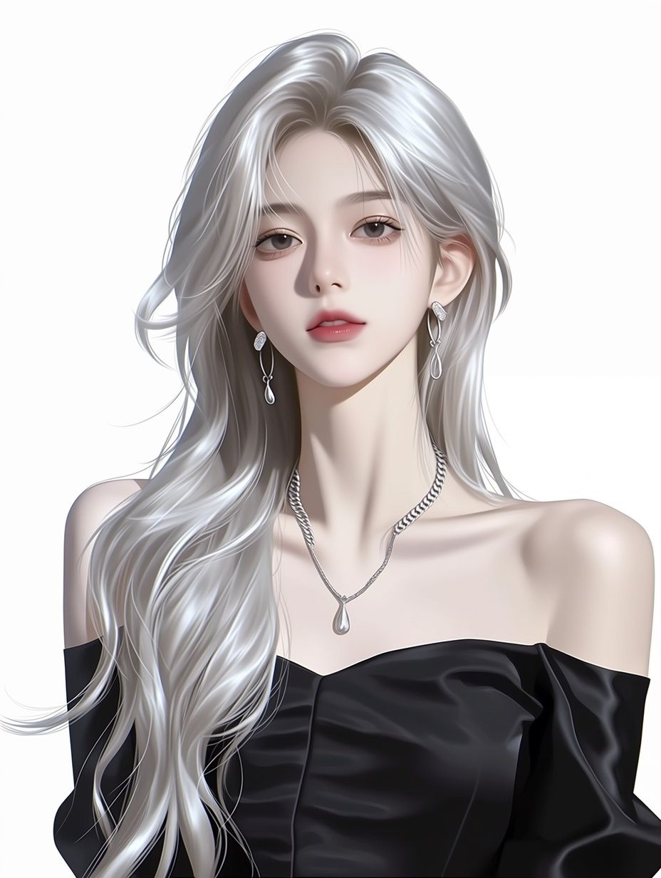Eine digitale Illustration einer jungen Frau mit langen, gewellten silbernen Haaren, die über ihre Schultern fallen, mit blasser Haut, dunklen Augen und einem neutralen Ausdruck mit rosa Lippen, gekleidet in einem schwarzen Seidenkleid ohne Schulter. Silberschmuck. Ganz weißer Hintergrund.
