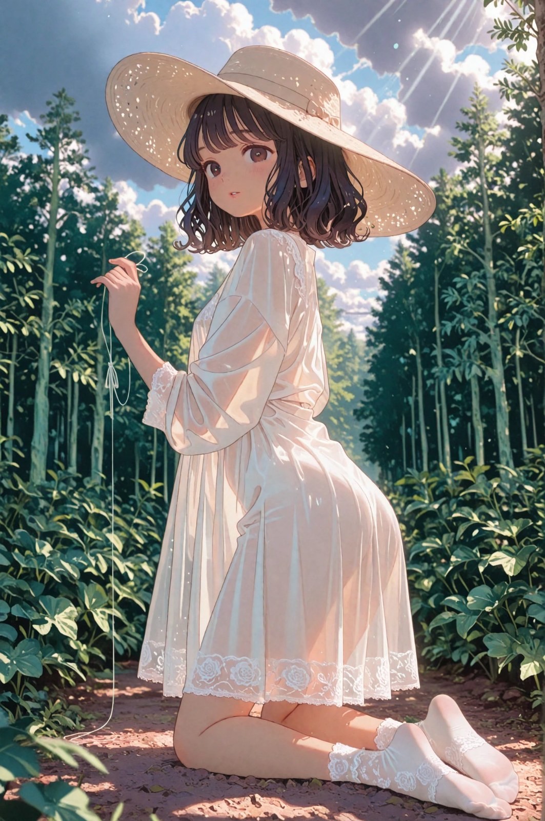 Une fille portant un chapeau de paille à large bord et une robe blanche est assise sur un chemin forestier avec la lumière du soleil sur elle.