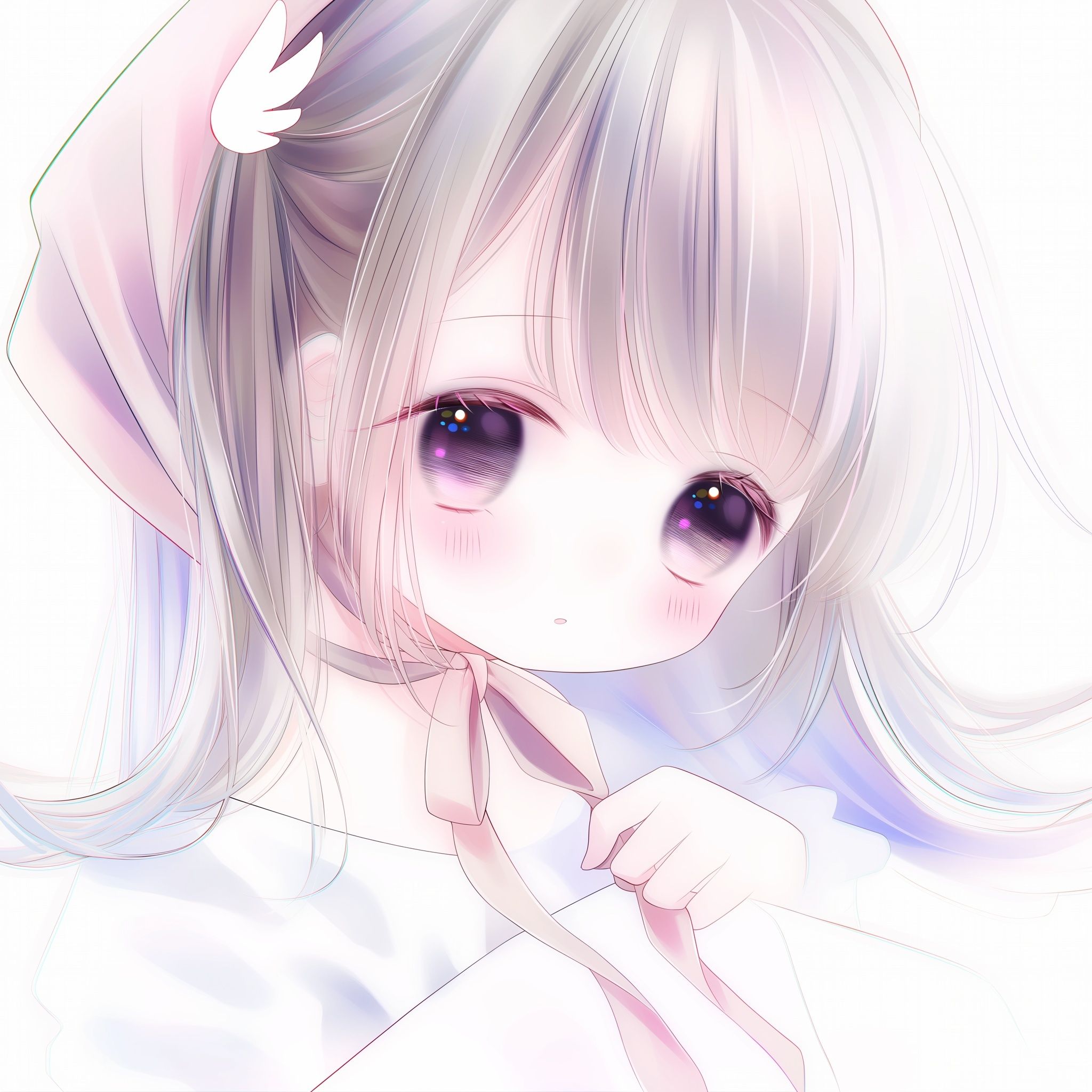 Shoujo-Manga-Stil, kristallklare Darstellung. Animestil. Ein Porträt eines jungen Mädchens, das Puppen-Make-up trägt, mit liebenswerten Merkmalen, einer lebhaften girly Ausstrahlung und charakteristisch blasser Haut, großen Augen, Manga-Augen und ausgiebigem rosa Rouge auf den Wangen.