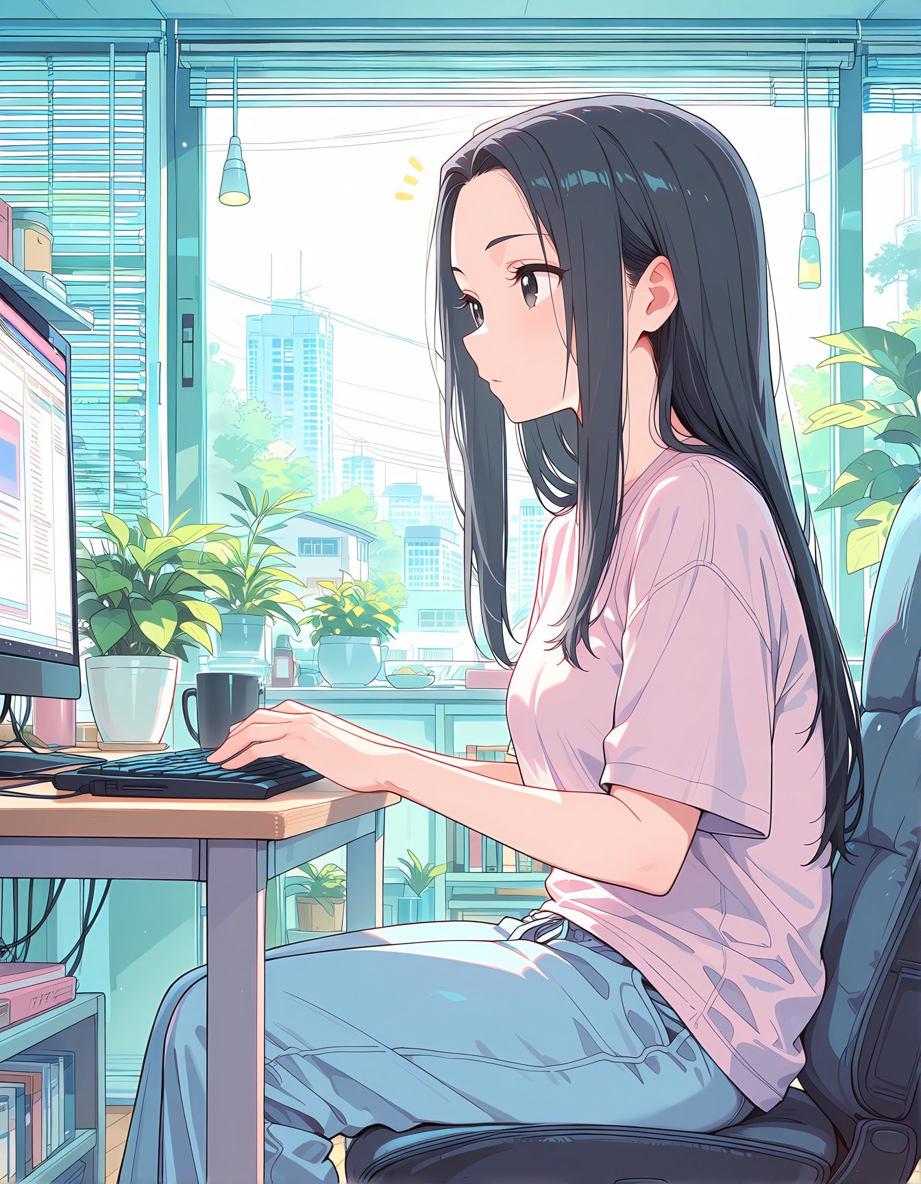 A mature woman with long black hair and brown eyes, dressed in a light pink T-shirt and light blue jeans, focused on her computer in a home office