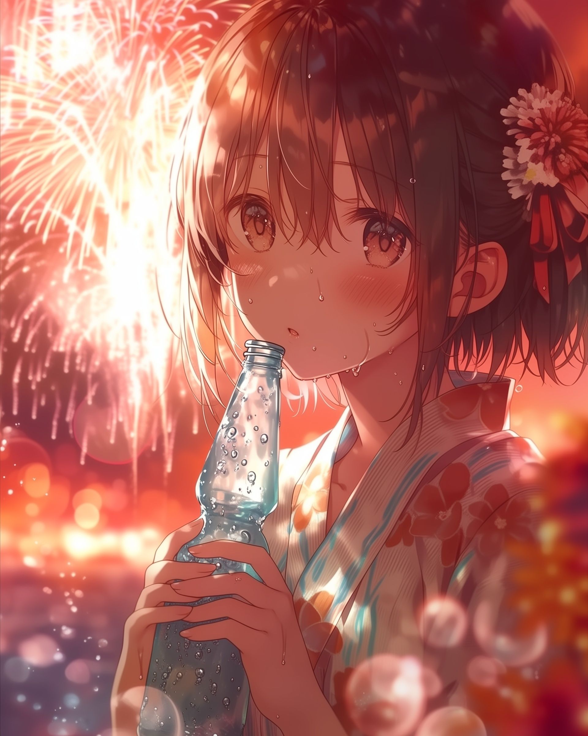Fille anime portant un yukata lors d'un festival d'été, tenant une bouteille de ramune couverte de condensation, avec des feux d'artifice illuminant le ciel nocturne. Forte halo rouge-orange, ambiance estivale japonaise douce et nostalgique, bokeh lumineux, surbrillance surréaliste, illustration anime délicate, atmosphère émotionnelle et romantique