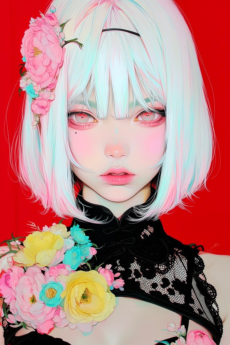 Uma garota de cabelo branco em um cheongsam de renda preta adornada com flores exibe uma beleza vibrante e contrastante
