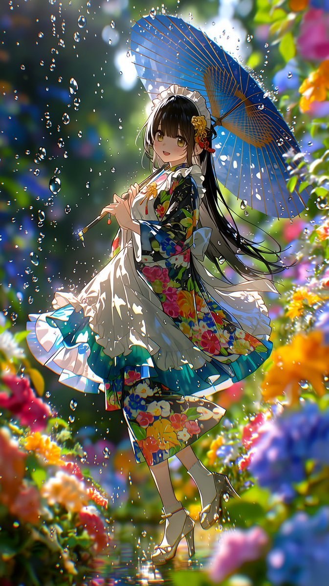 Uma garota de cabelo preto vestindo um quimono floral e um avental branco está em um jardim de flores segurando um guarda-chuva