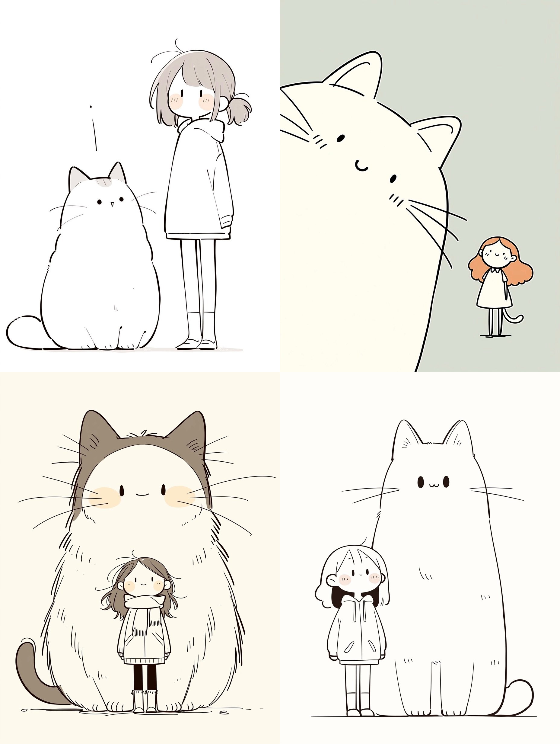 Minimalist line art collage showcases intimate moments between girls and cats