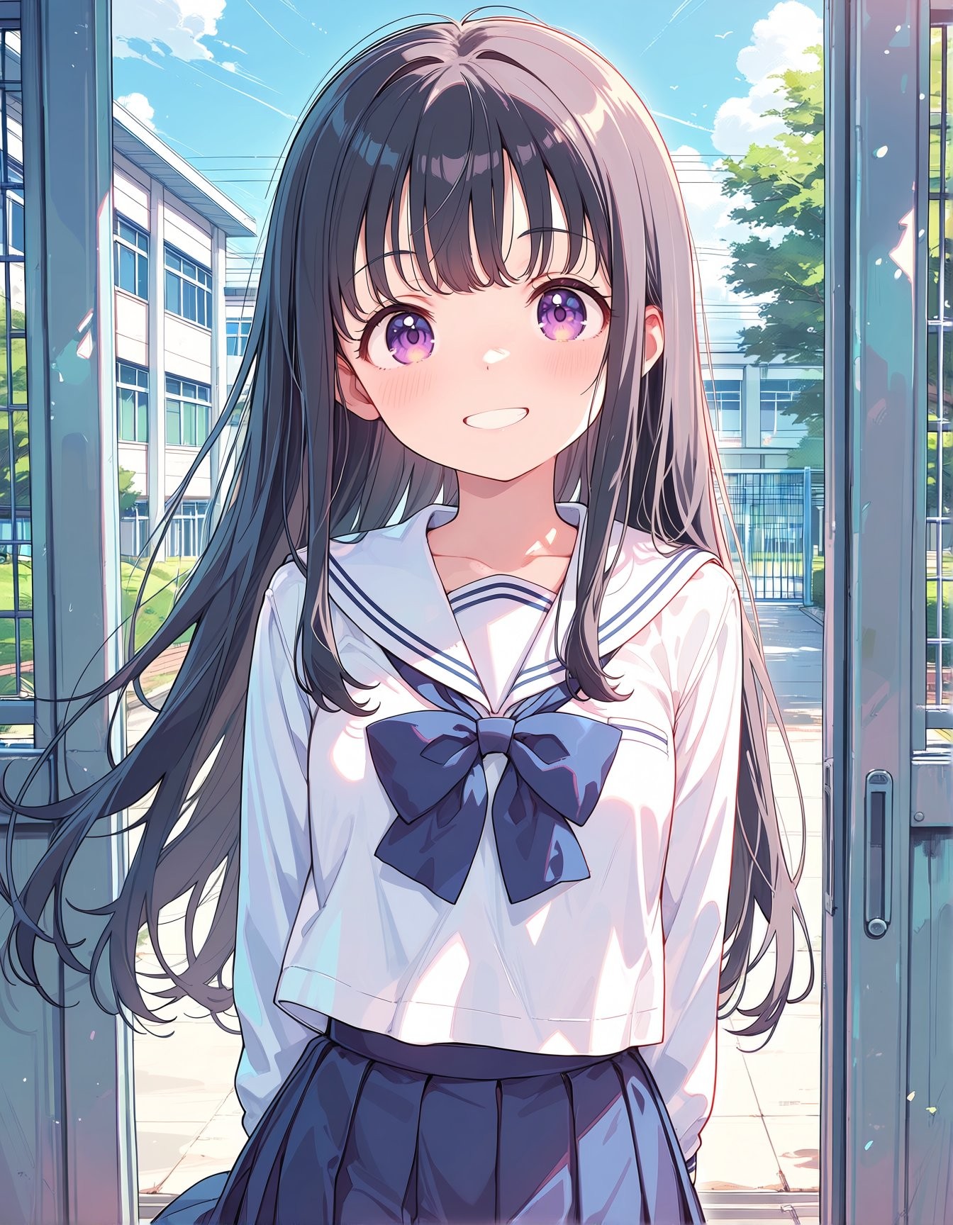 The character has long dark hair, violet eyes, wears a similar white sailor uniform, and stands at the school gate