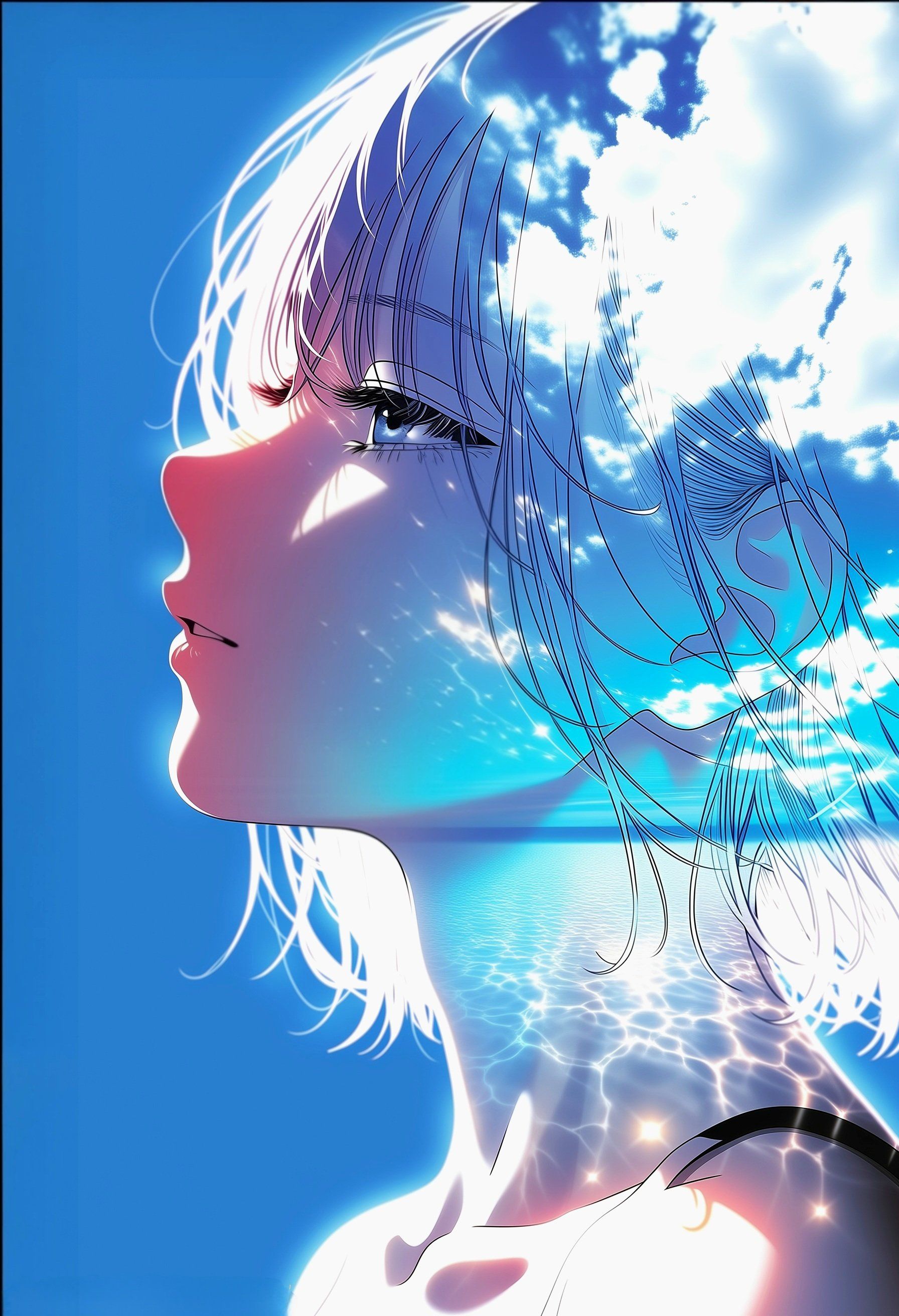 A girl with silver long hair wearing a swimsuit against a blue sky and blue sea background