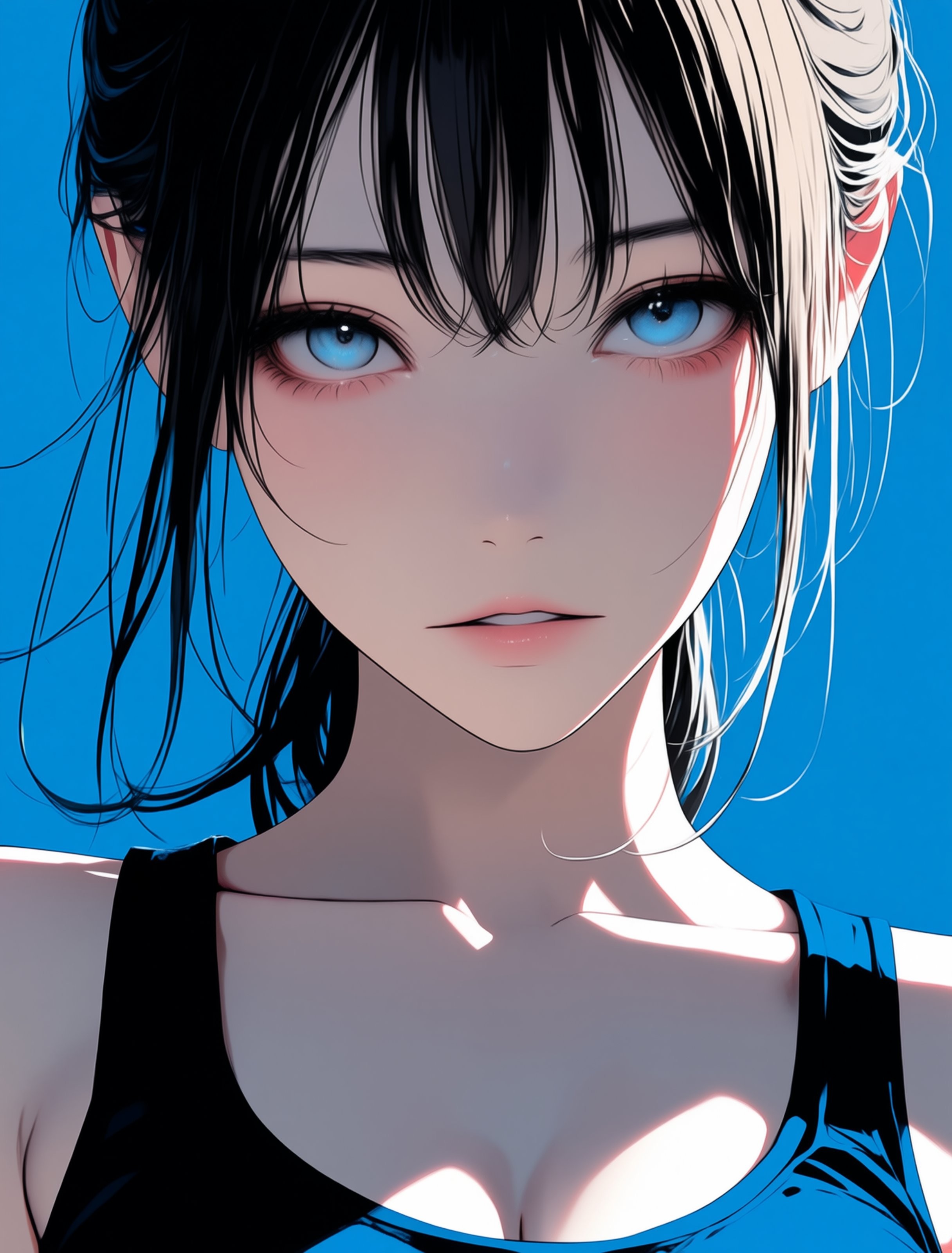 A girl with long black hair in a black tank top quietly gazes at the viewer