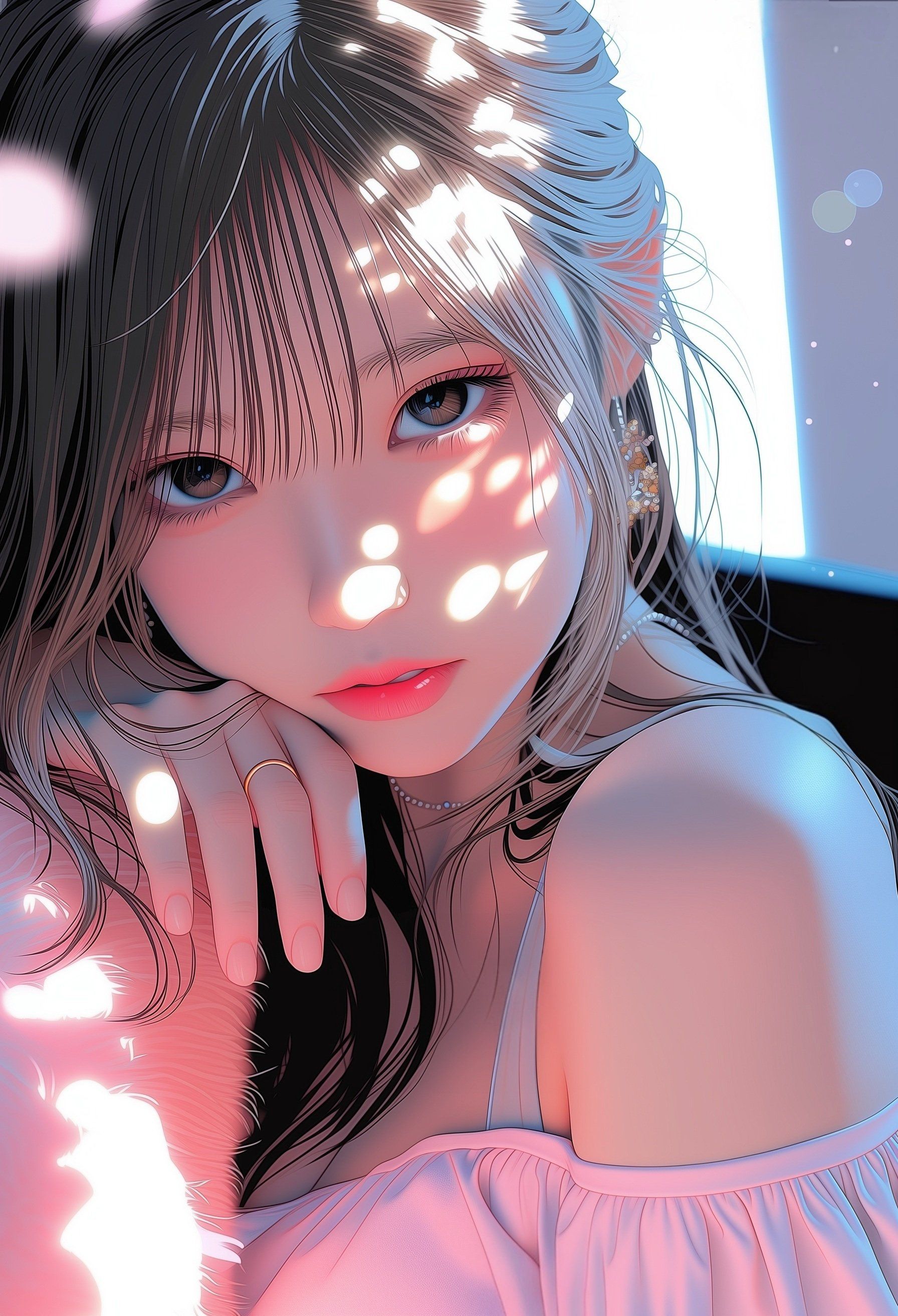 A long-haired girl in a white off-shoulder top