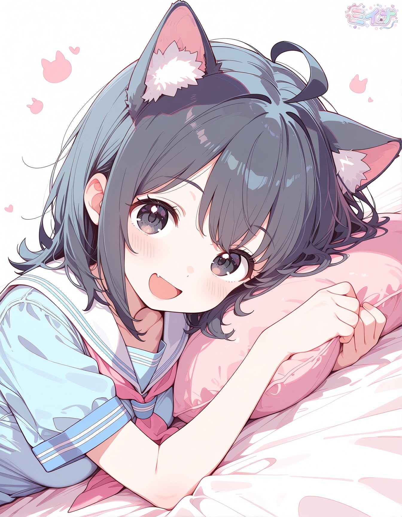 Short wavy blue-gray hair with big gray-purple eyes wearing a light blue sailor uniform creating a cute and cozy atmosphere