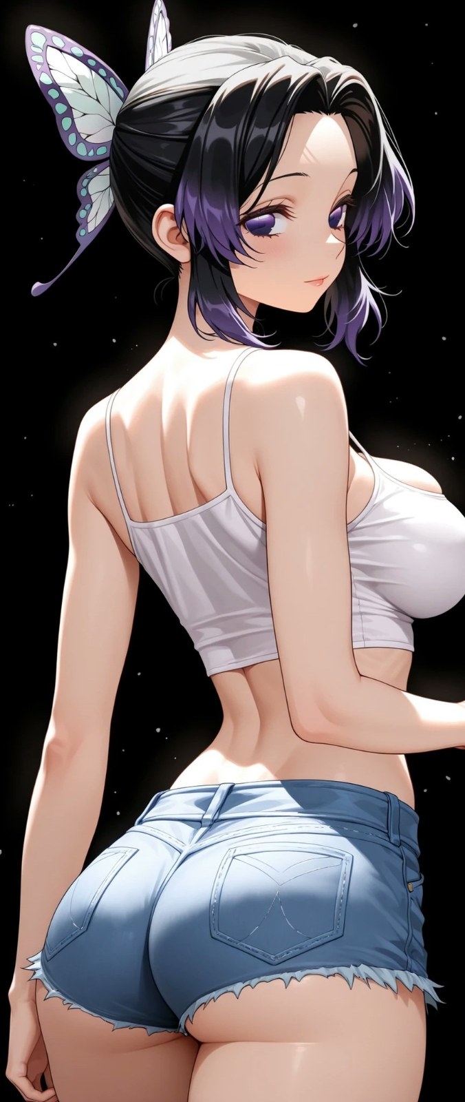 An anime-style woman turns to look back wearing a white tank top and denim shorts