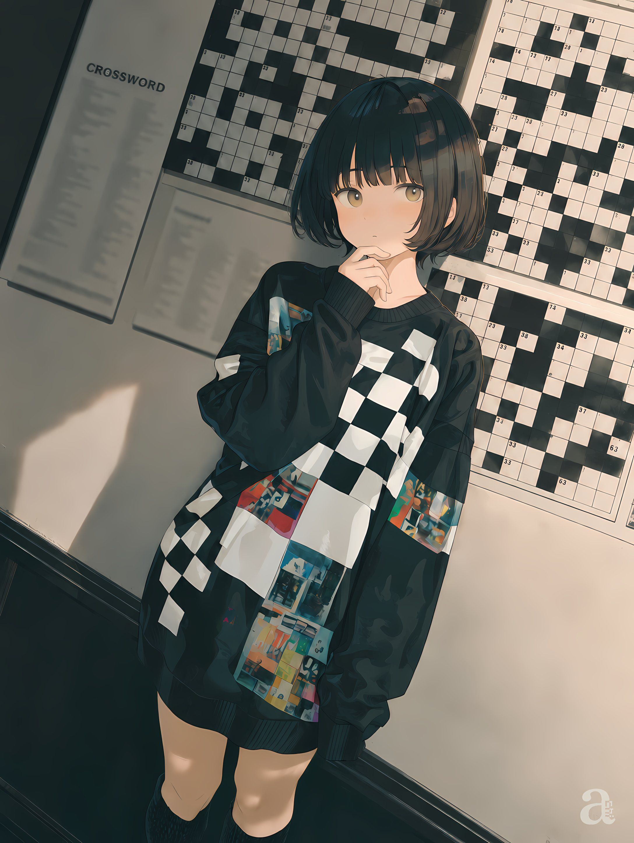 A girl with short black hair wears an oversized black checkered sweatshirt and shorts standing in front of a crossword wall thinking