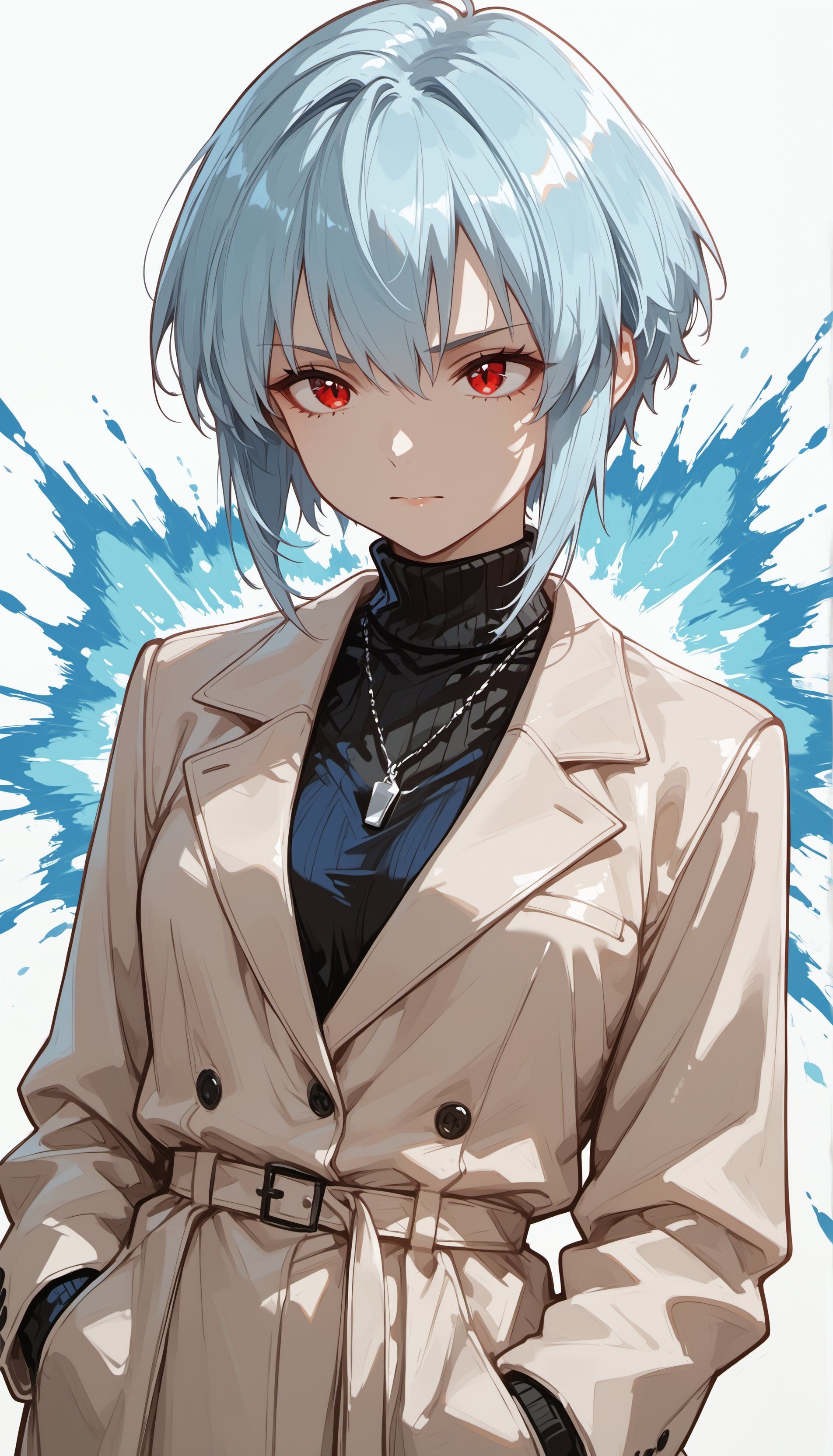 Pintura digital estilo anime de personagem com cabelo curto azul prateado e olhos vermelhos vestindo sobretudo bege e suéter preto