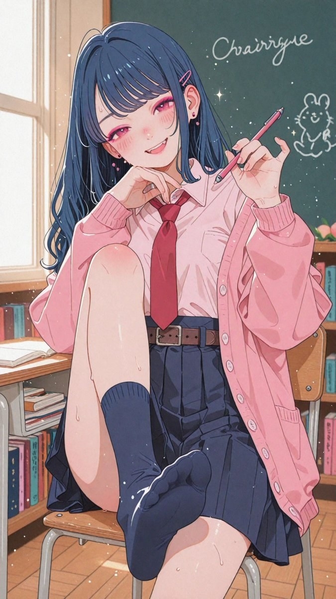 짙은 파란색 긴 머리 소녀가 분홍색 셔츠와 빨간 타이를 입고 있다