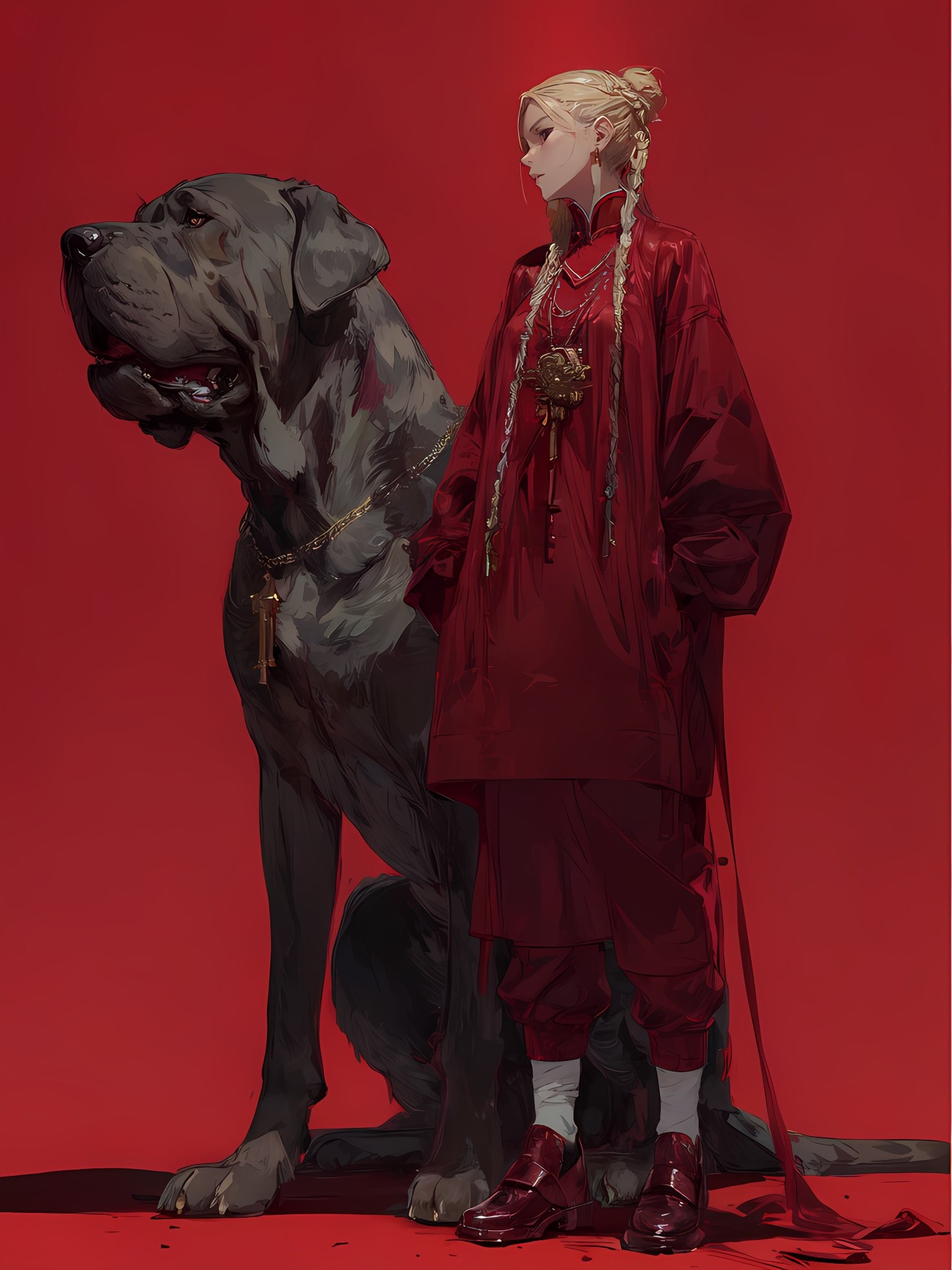 Une figure aux cheveux platine se tient à côté d'un chien géant devant un fond rouge sombre, créant une atmosphère solennelle et mystérieuse
