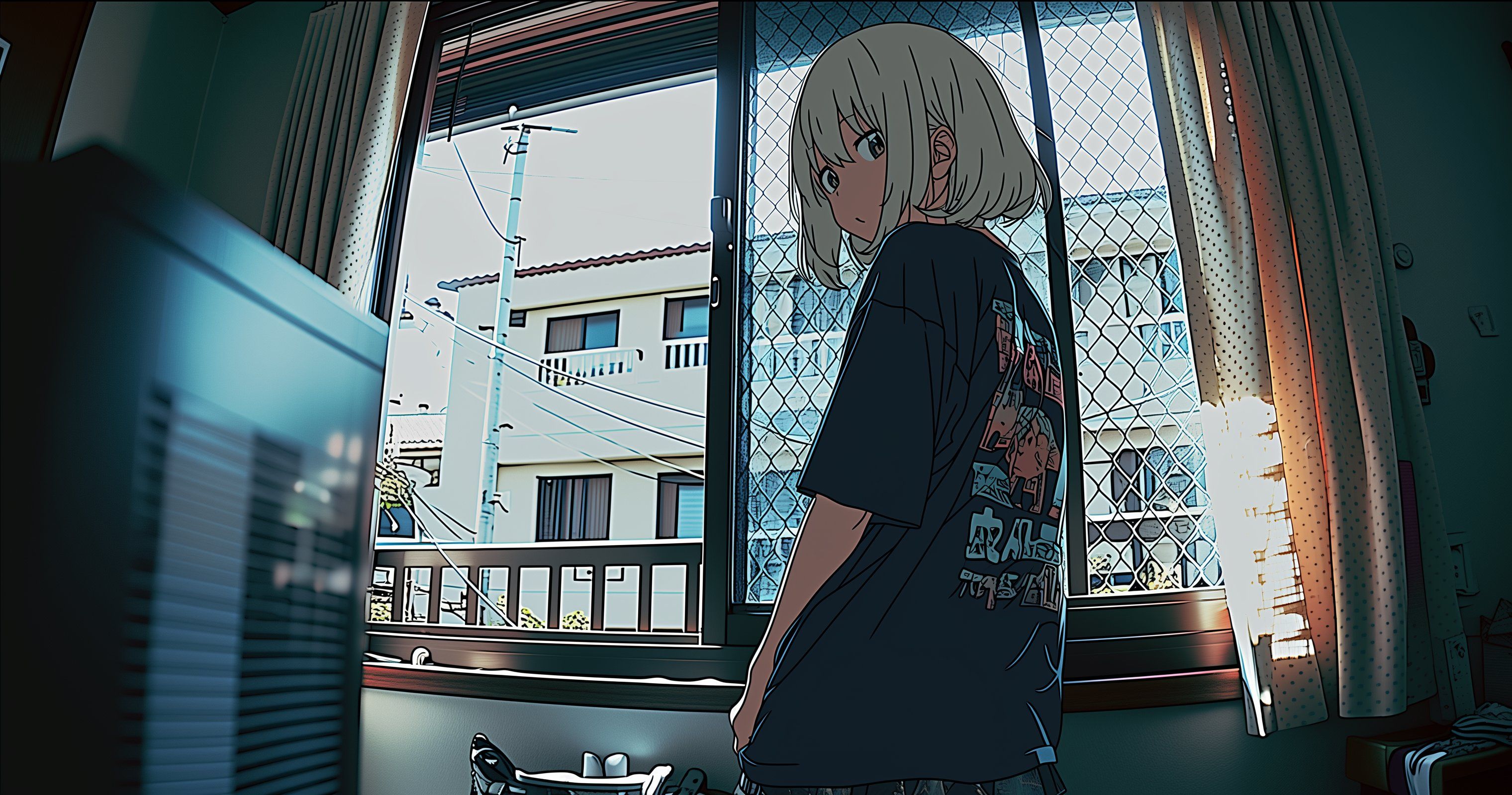 Mulher de cabelo curto cinza claro vestindo camiseta preta de manga com estampa de quadrinhos e jeans claros ao lado da janela
