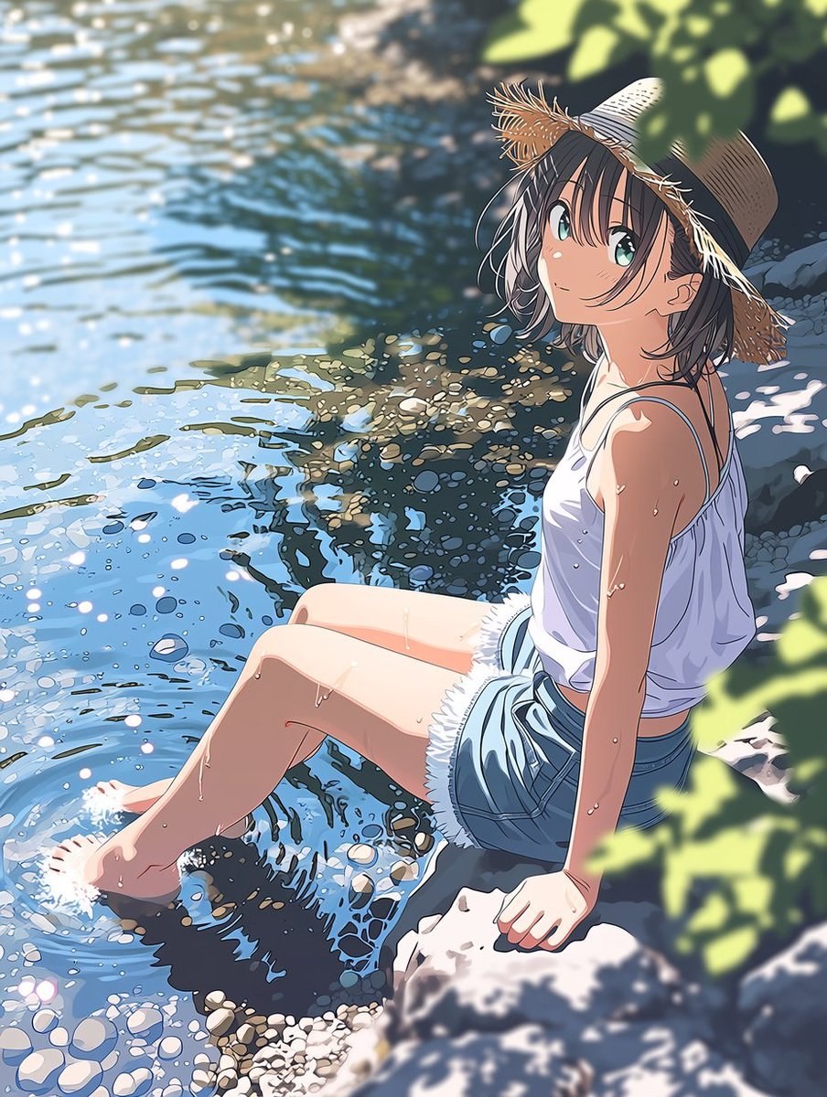 A short-haired girl sits on a rock by the stream wearing a white tank top and denim shorts with her feet in the clear water