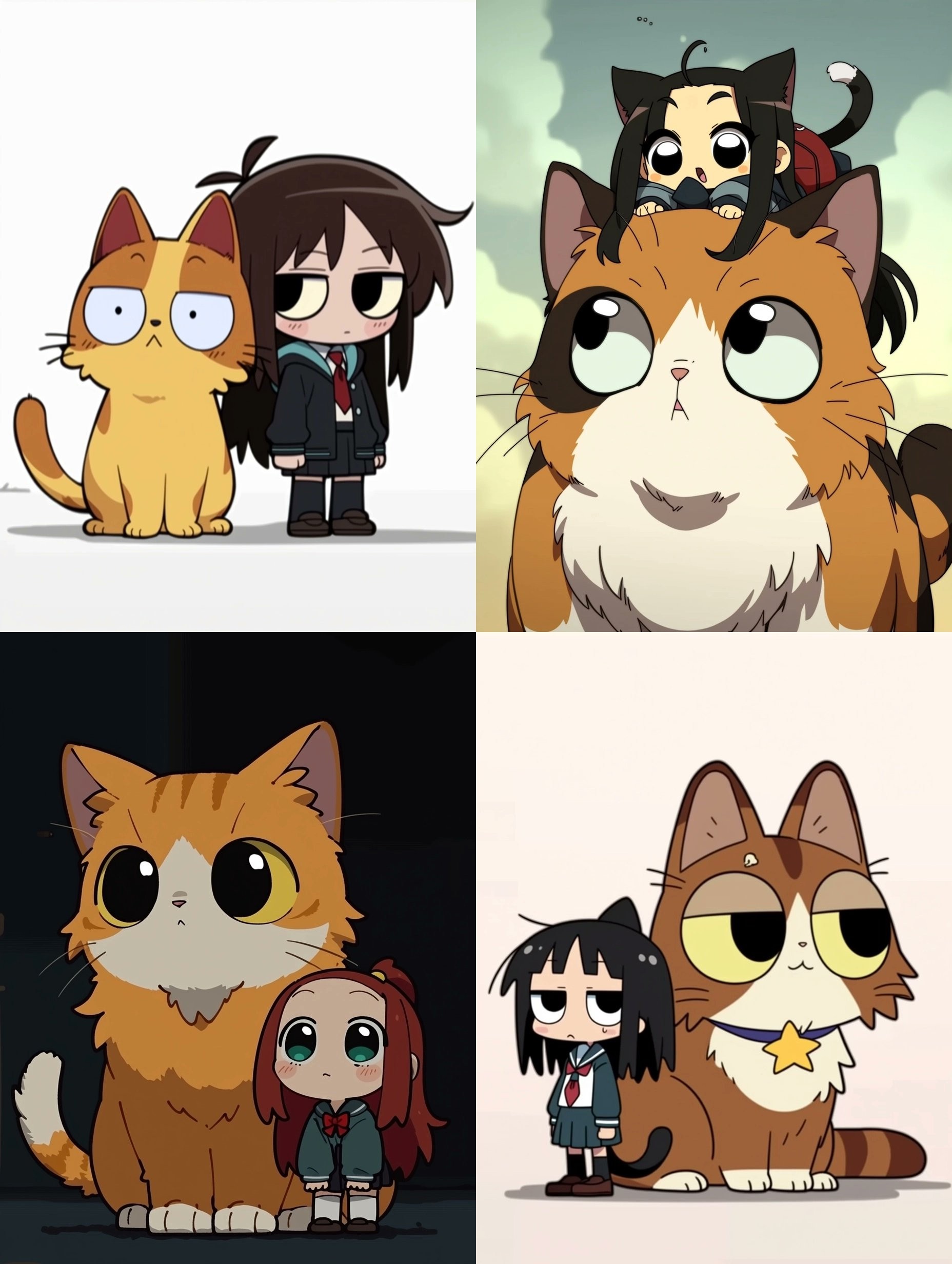 L'animation en quatre cases montre des scènes mignonnes de quatre filles et leurs chats