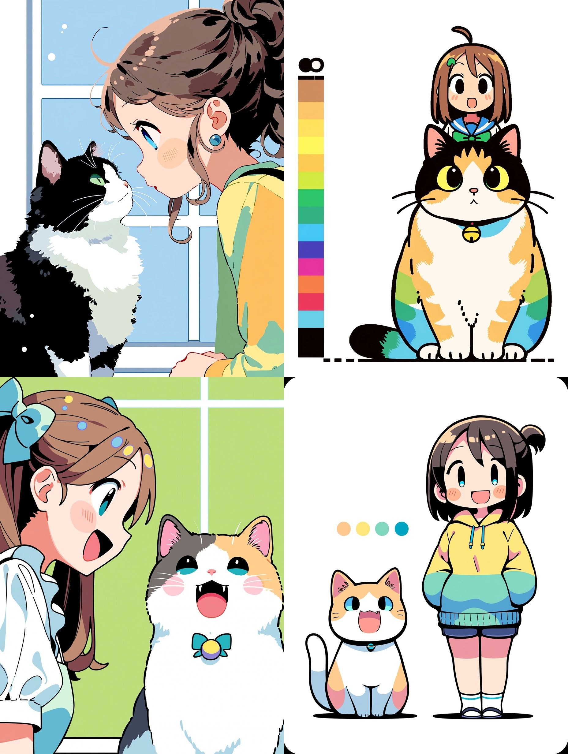 The four-panel comic showcases cute interactions between different girls and cats