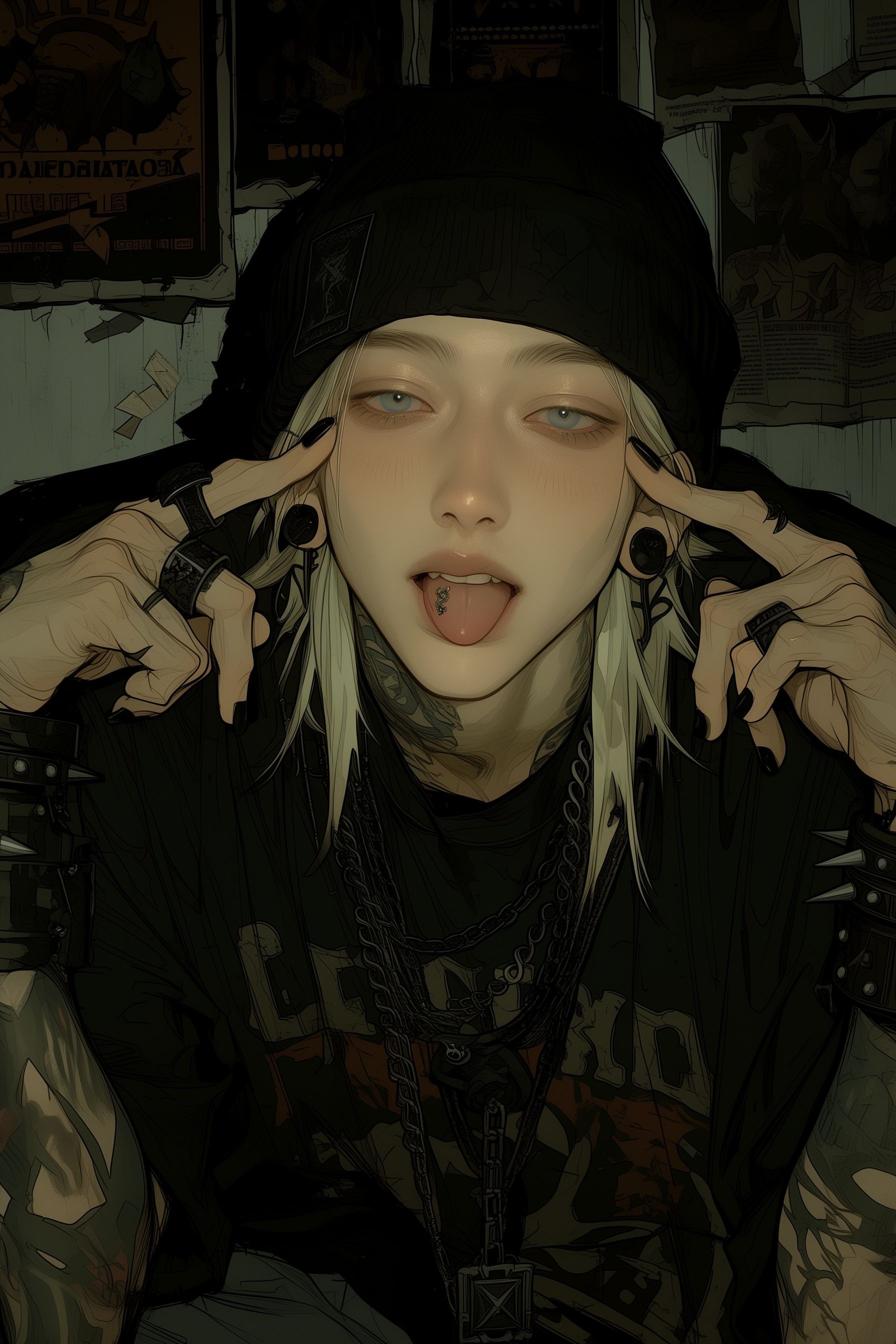 Métalleux suédois longiligne au niveau des yeux avec des traits nordiques marqués, des yeux bleu-gris enfoncés, des pommettes proéminentes, de longs cheveux blonds platine désordonnés et une casquette noire.