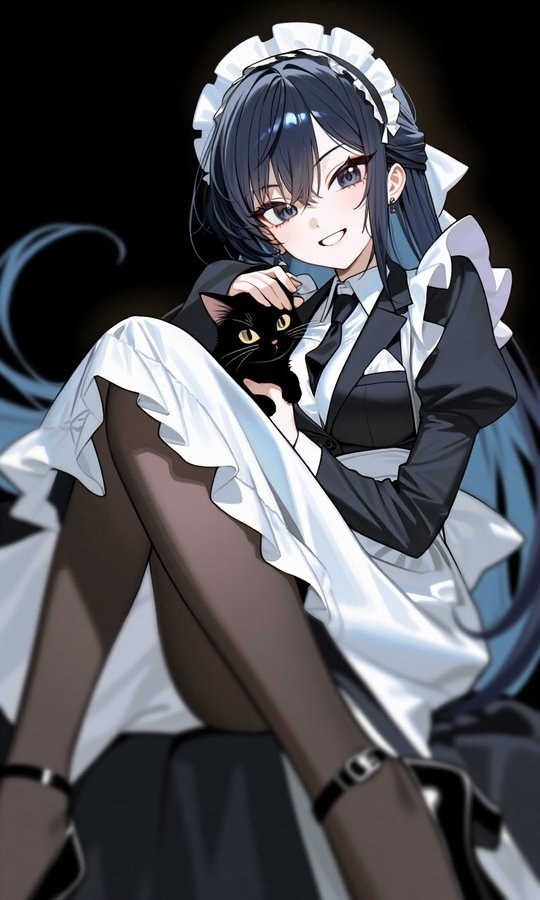 Une femme de style anime en tenue de maid classique noir et blanc pose avec un chat noir