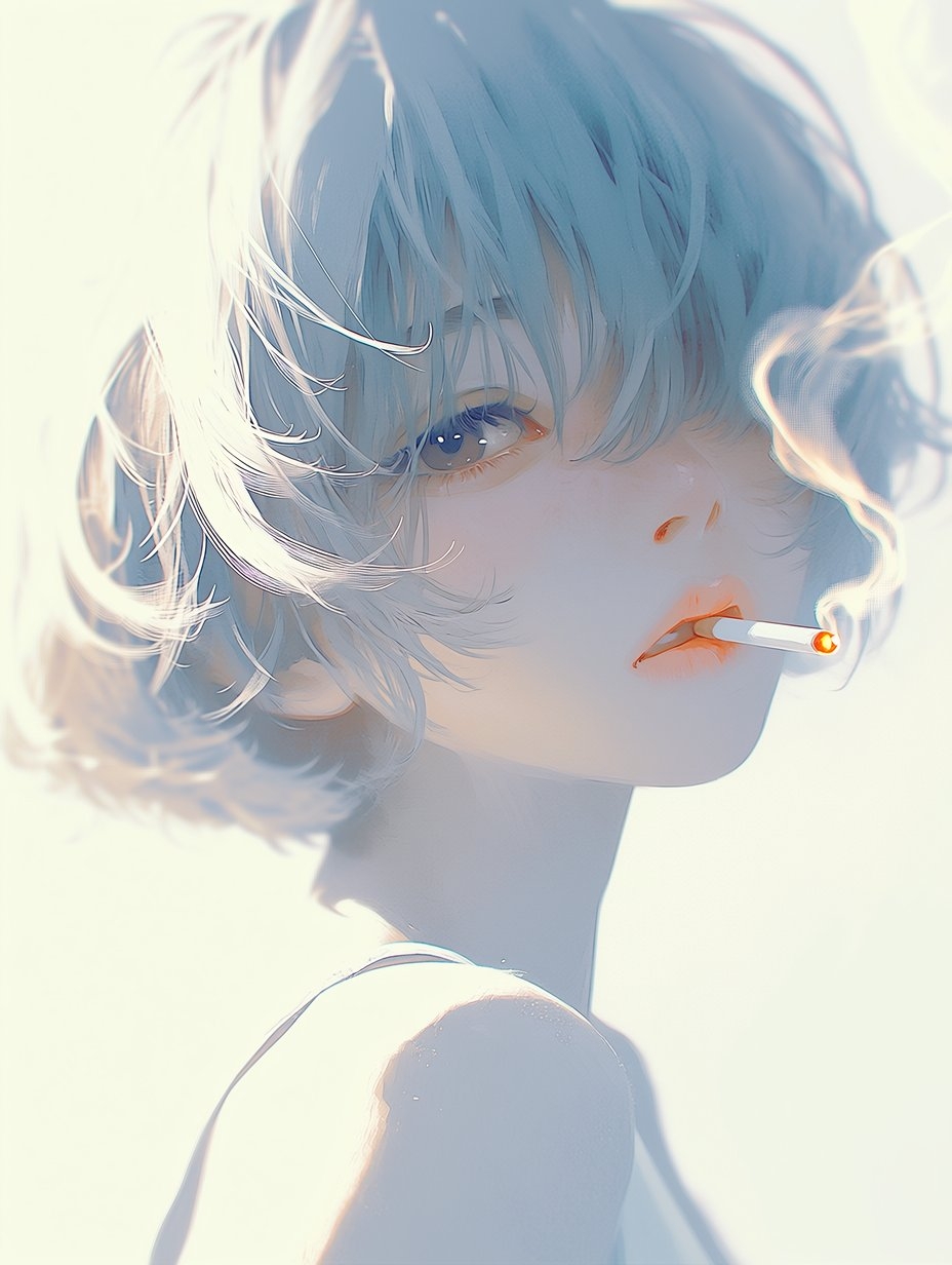 Short silver curly hair blue eyes wearing a white sleeveless top