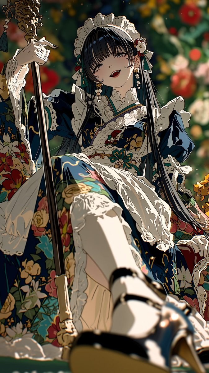 Ein Mädchen mit schwarzem Haar in einem traditionellen Dienstmädchenoutfit sitzt in den Blumen, aus einem niedrigen Winkel aufgenommen.