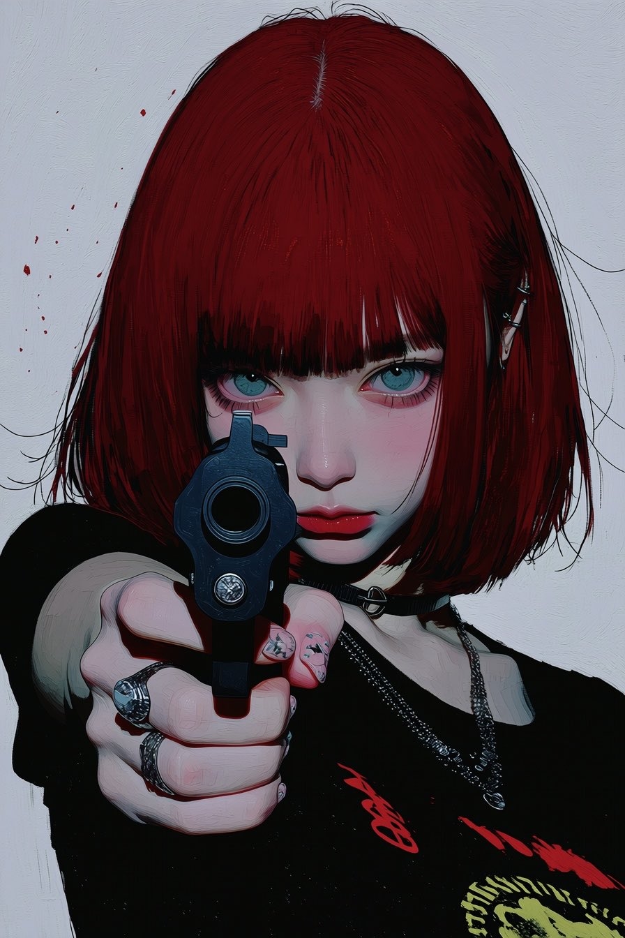Une fille aux cheveux rouges courts et aux yeux bleu-verts pointe une arme vers la caméra