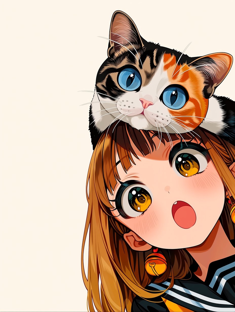 A calico cat sits on a girl's head, highlighting the intimate moment between them