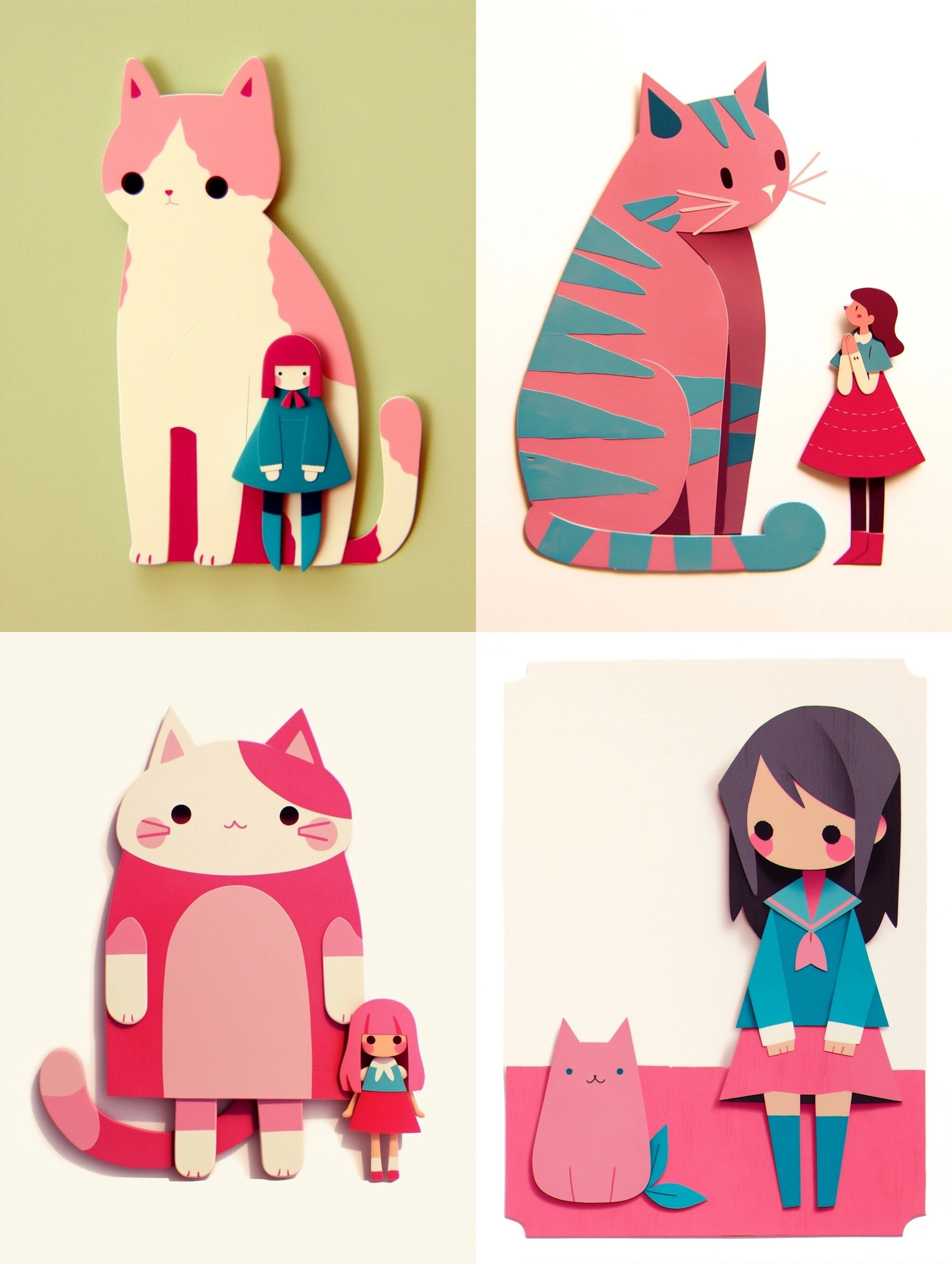 Quatre filles et quatre chats présentent un esprit vivant et ludique dans des blocs de couleurs vives